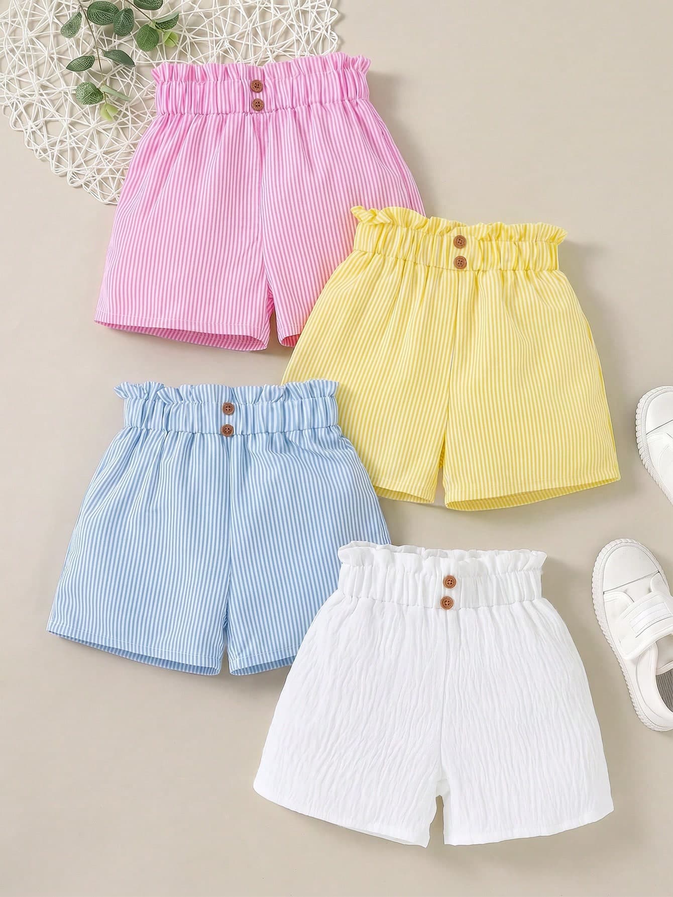SHEIN Sparklyn 4pcs/Set Girls Casual Striped Shorts,Summer Fairy Sequin Outfit,White Blue Pink Yellow Striped,Ruched Waist Design With Brown Button,Loose Fit