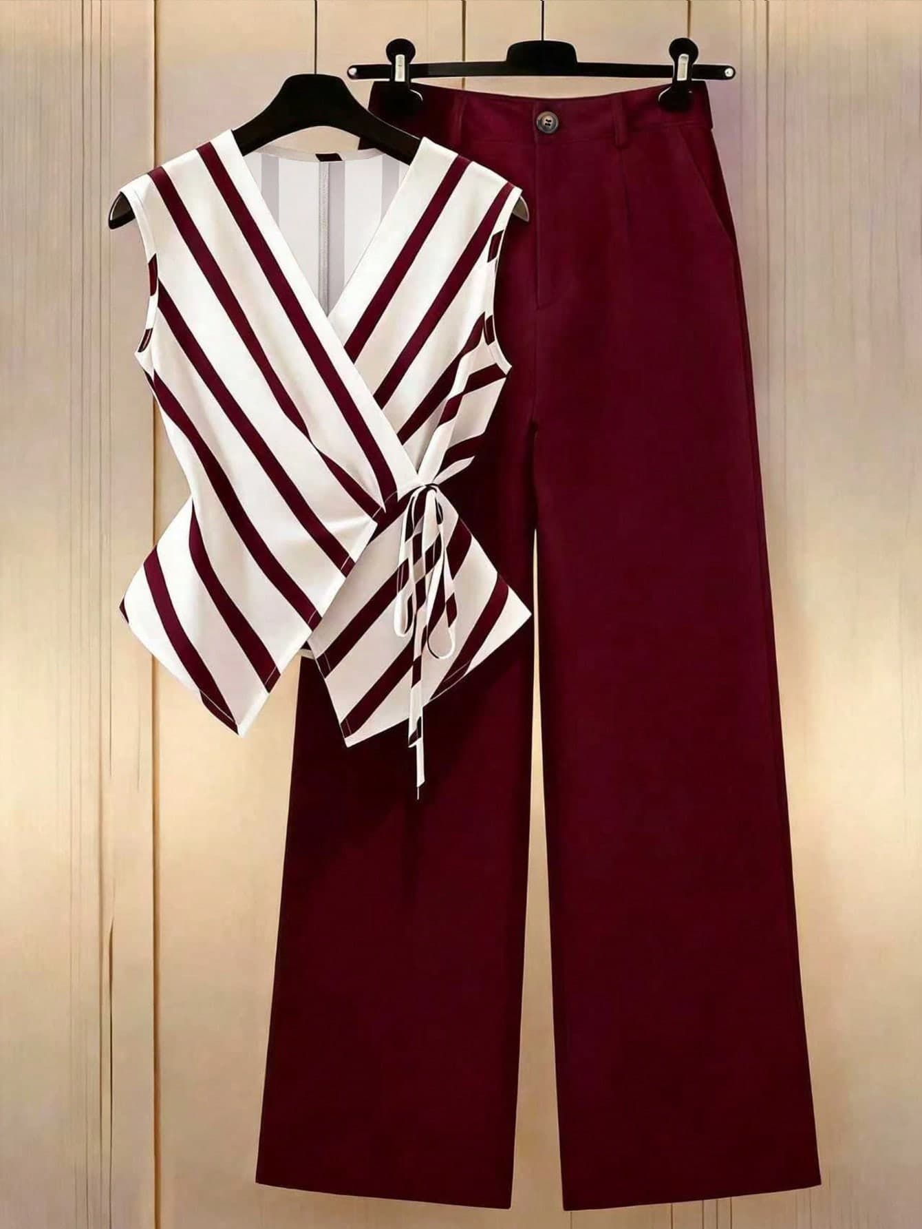 Franclia Women's Summer Elegant Blue And White Stripe 2-Piece Set,V-Neck Wrap Tie Sleeveless Top & High-Waisted Wide Leg Pants,Work Brunch Office Outfits