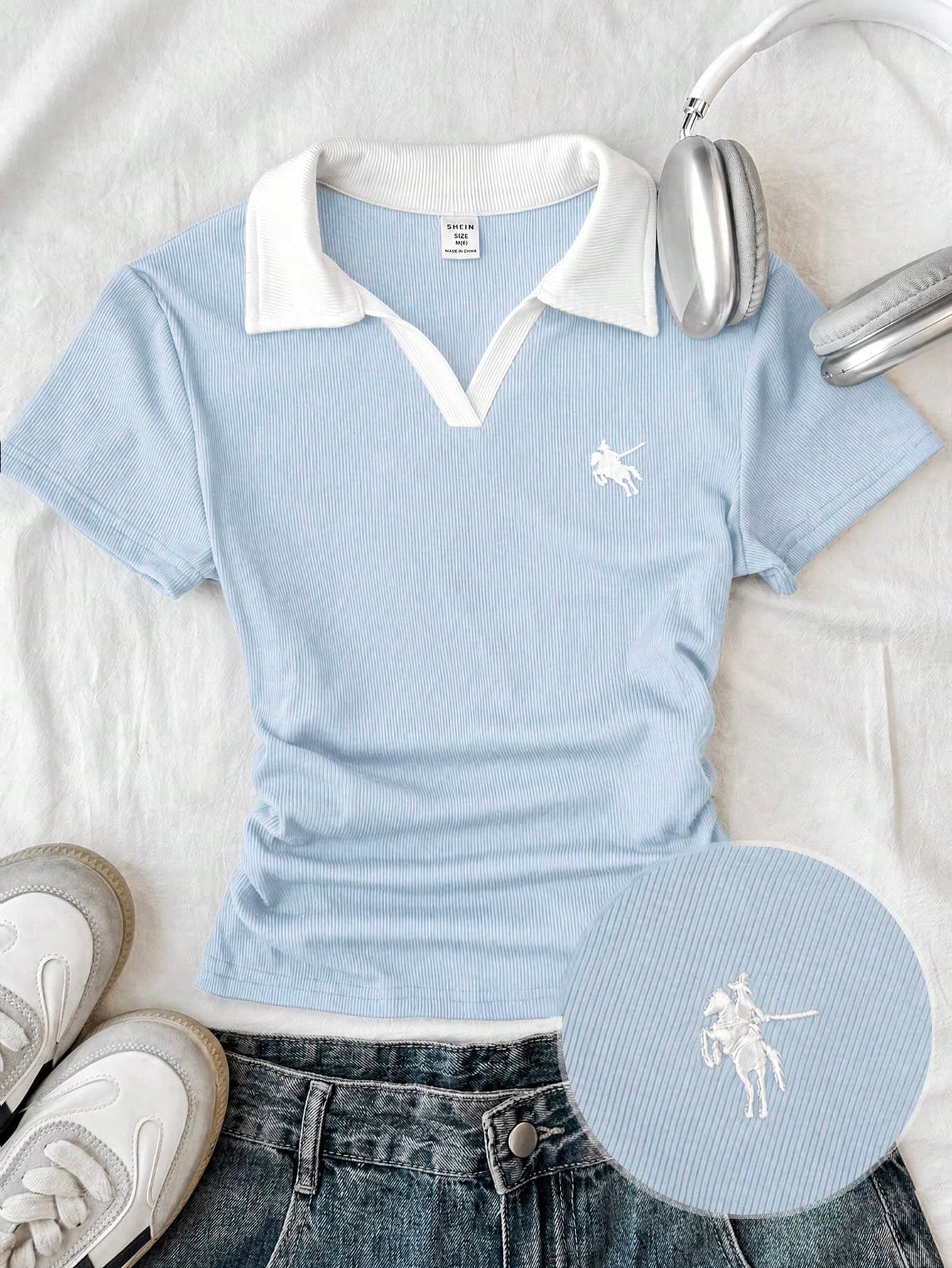 SHEIN Tween Girl/Tween Girls Blue & White Collar Knit Casual Colorblock Fitted Crop Top With Small Logo Embroidery