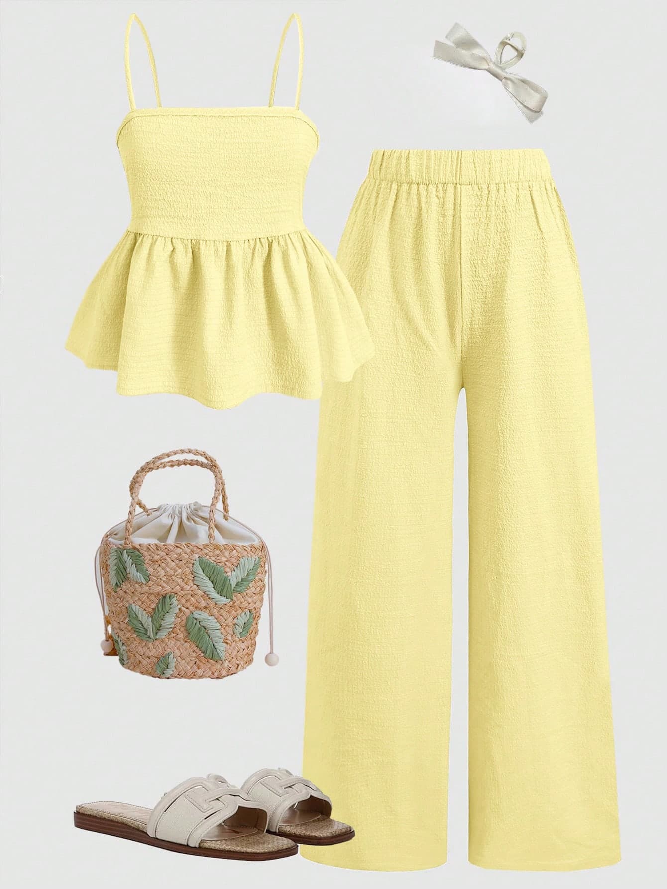 Girlism Tween Girl/Tween Girls' Fashion Summer Yellow Solid Casual Woven Camisole Set, Soft Knit Dress With Bow, Summer Dress, Beach Dress, Graduation Dress