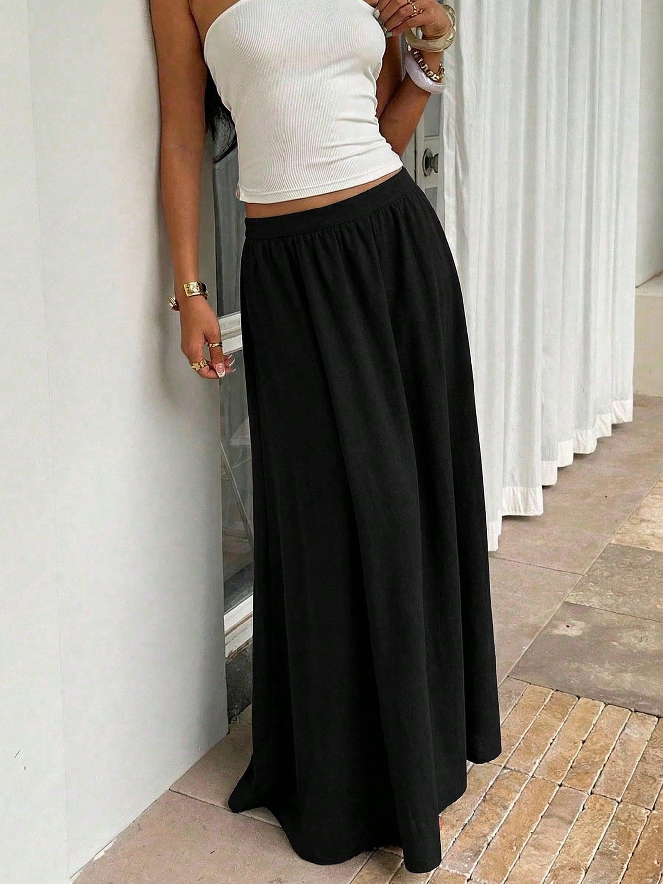 Firerie Women's Black Summer Casual Vacation Holiday Maxi Skirt,Cinched Elastic Waist Linen-Feel Midi Skirt,Boho Elegant Spring Commute Date Work Clothing