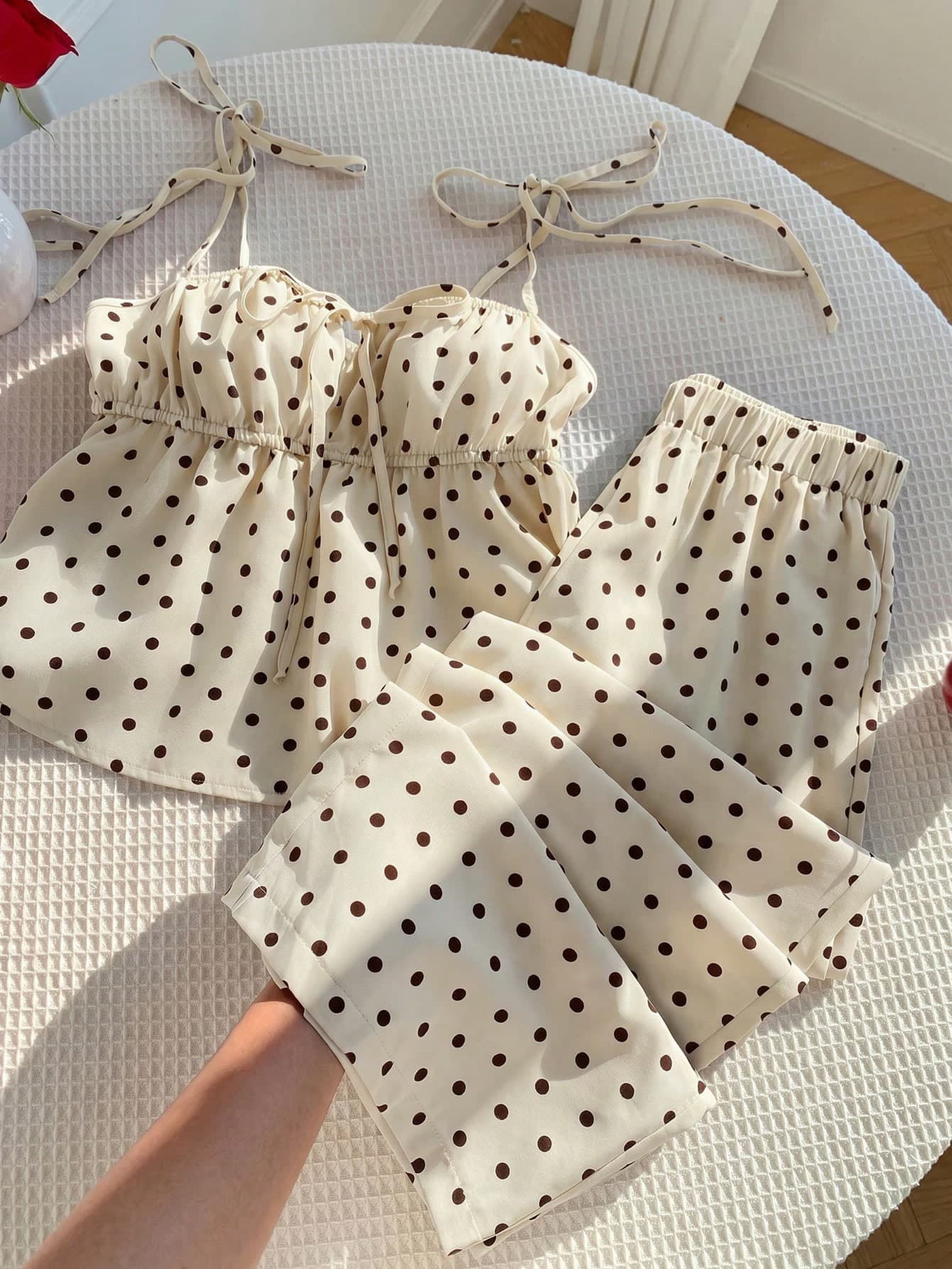 Comfortcana Women's Casual Black Polka Dot Print Camisole And Pants 2 Pieces Set, Cute For Summer, Valentine's Day,Vacation Outfits Women