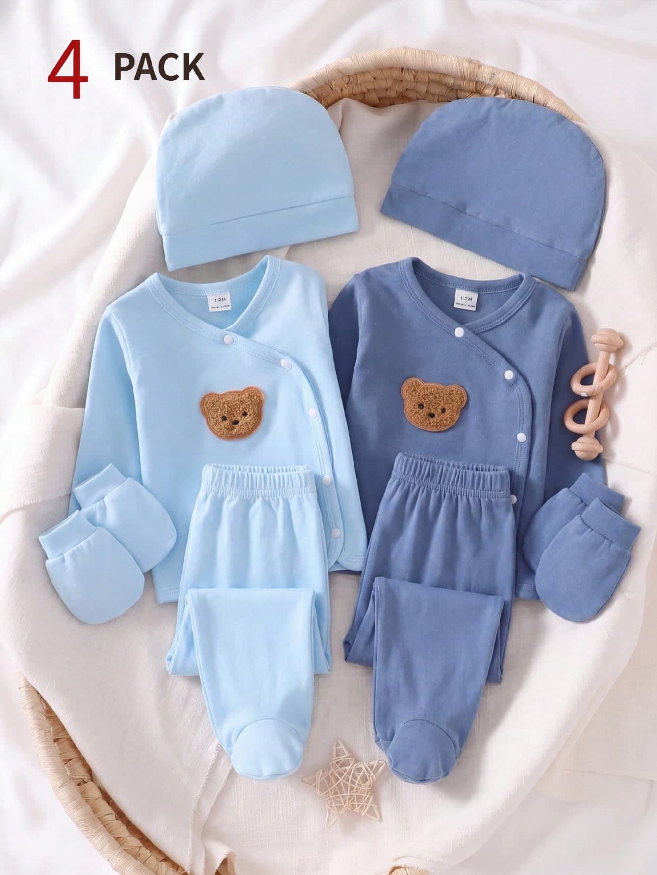 Newborn Baby Gray & Blue Solid Bear Pattern Top, Footed Pants, Hat & Gloves Set