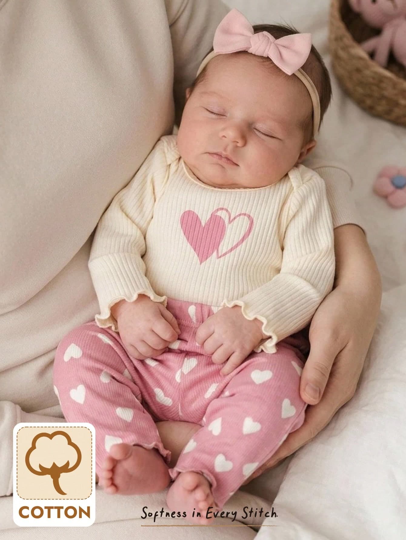 Cozy Pixies Newborn Baby Girl Heart Pattern Knit Soft Crew Neck Long Sleeve Pullover Top And Elastic Waist Pants 2-Piece Set