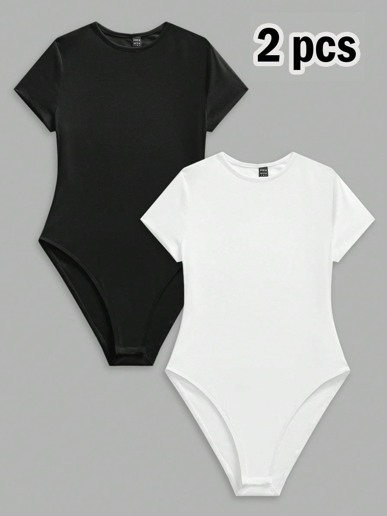 SHEIN BASICS 2pcs Black & White Minimalist Style Women's Bodysuit, Versatile For Spring & Summer Summer Clothes