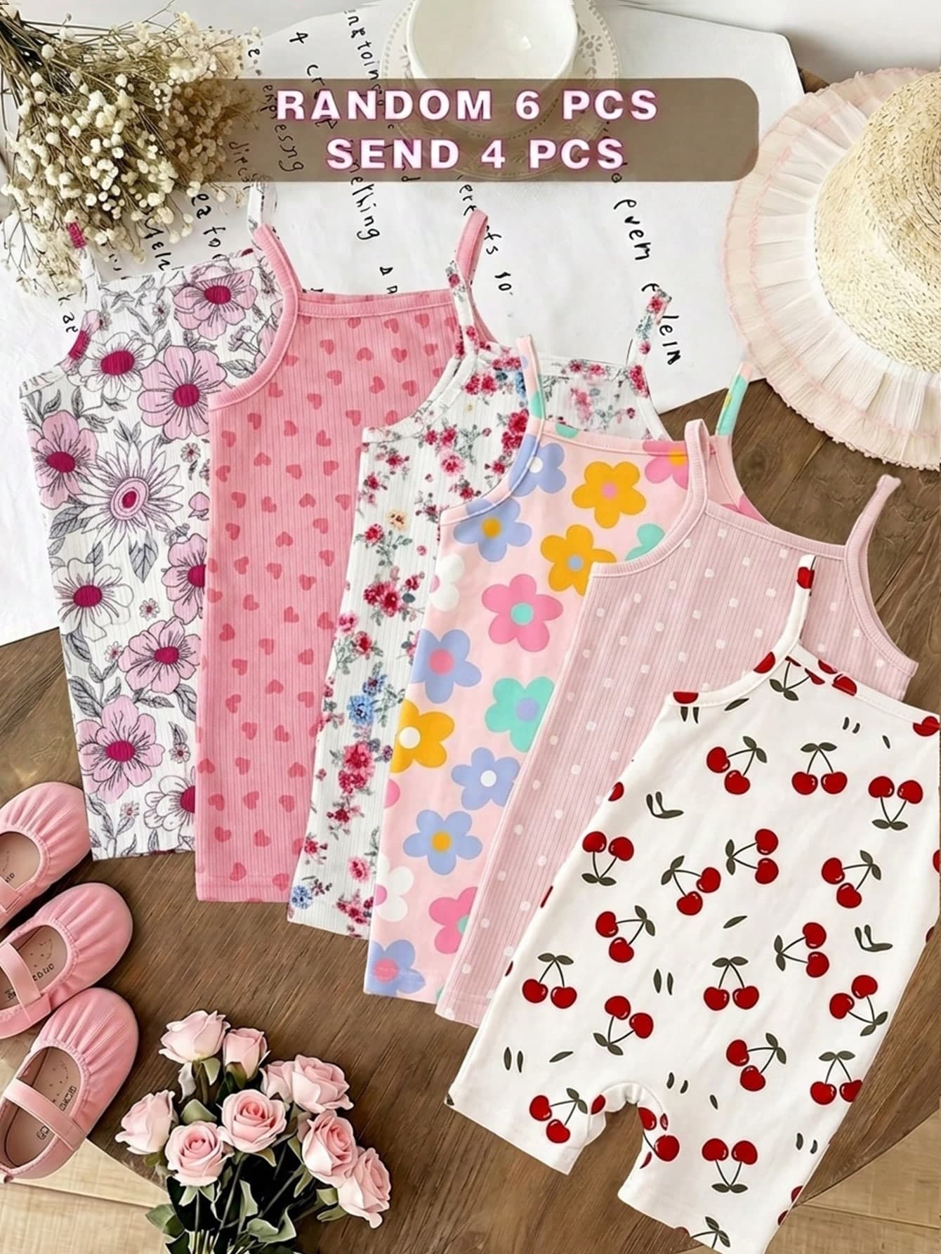 SHEIN Baby Girl 4pcs Baby Girl Solid Color Heart Pattern Knitted Casual Jumpsuit Set