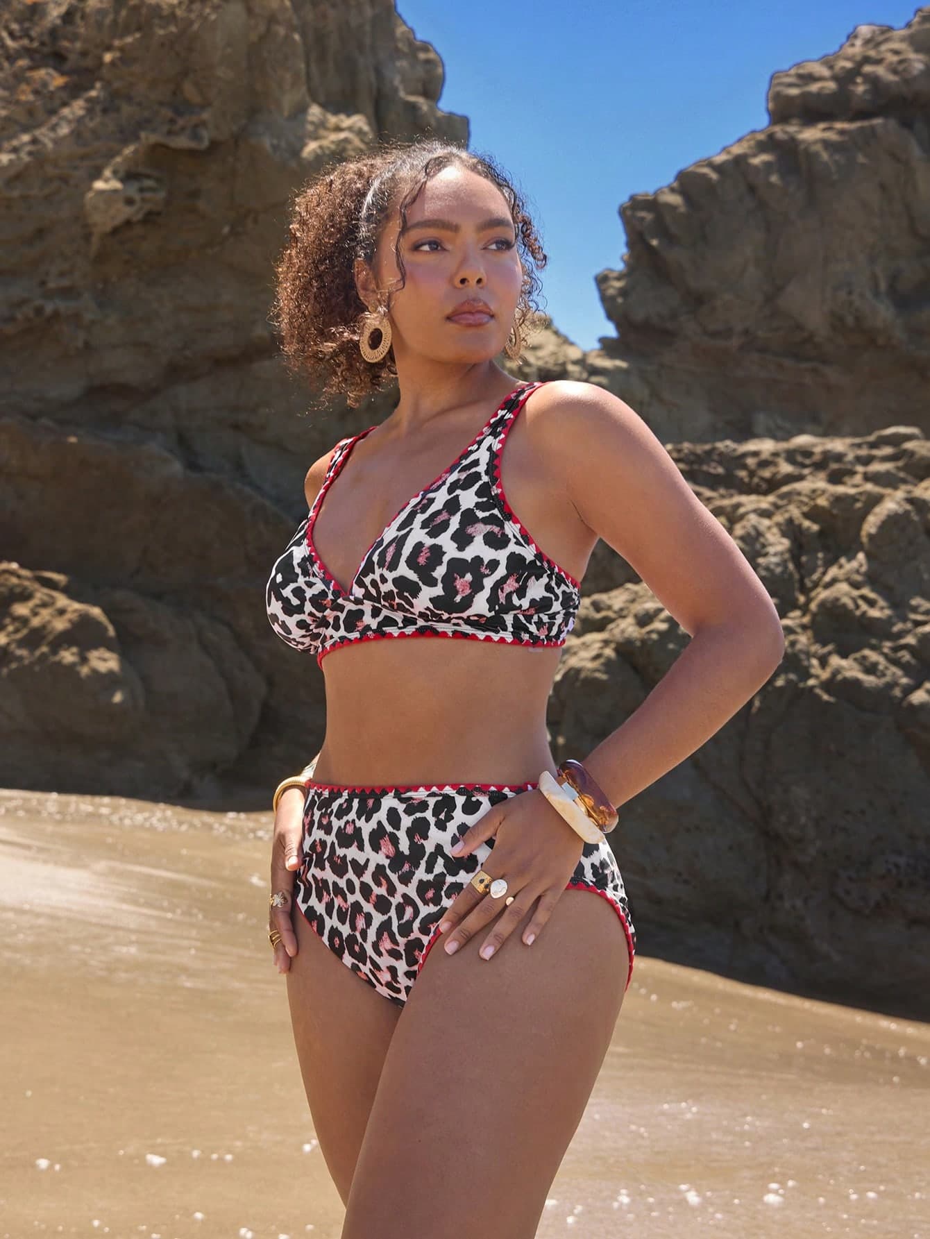 Travachic Plus Size Women Leopard Print Bikini Set, Casual Vacation Bathing Suits For Women Swimsuits For Woman