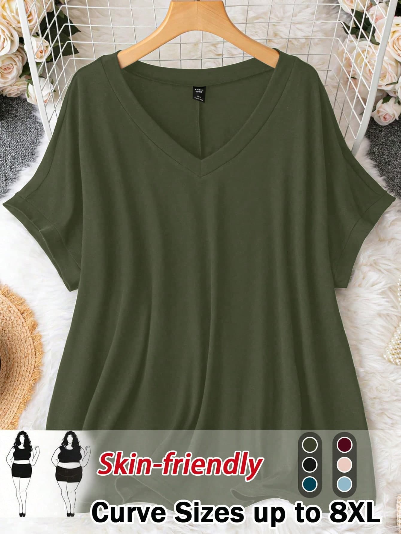 SHEIN CURVE+ Plus Size Plus Size V-Neck Loose Knit Pullover T-Shirt