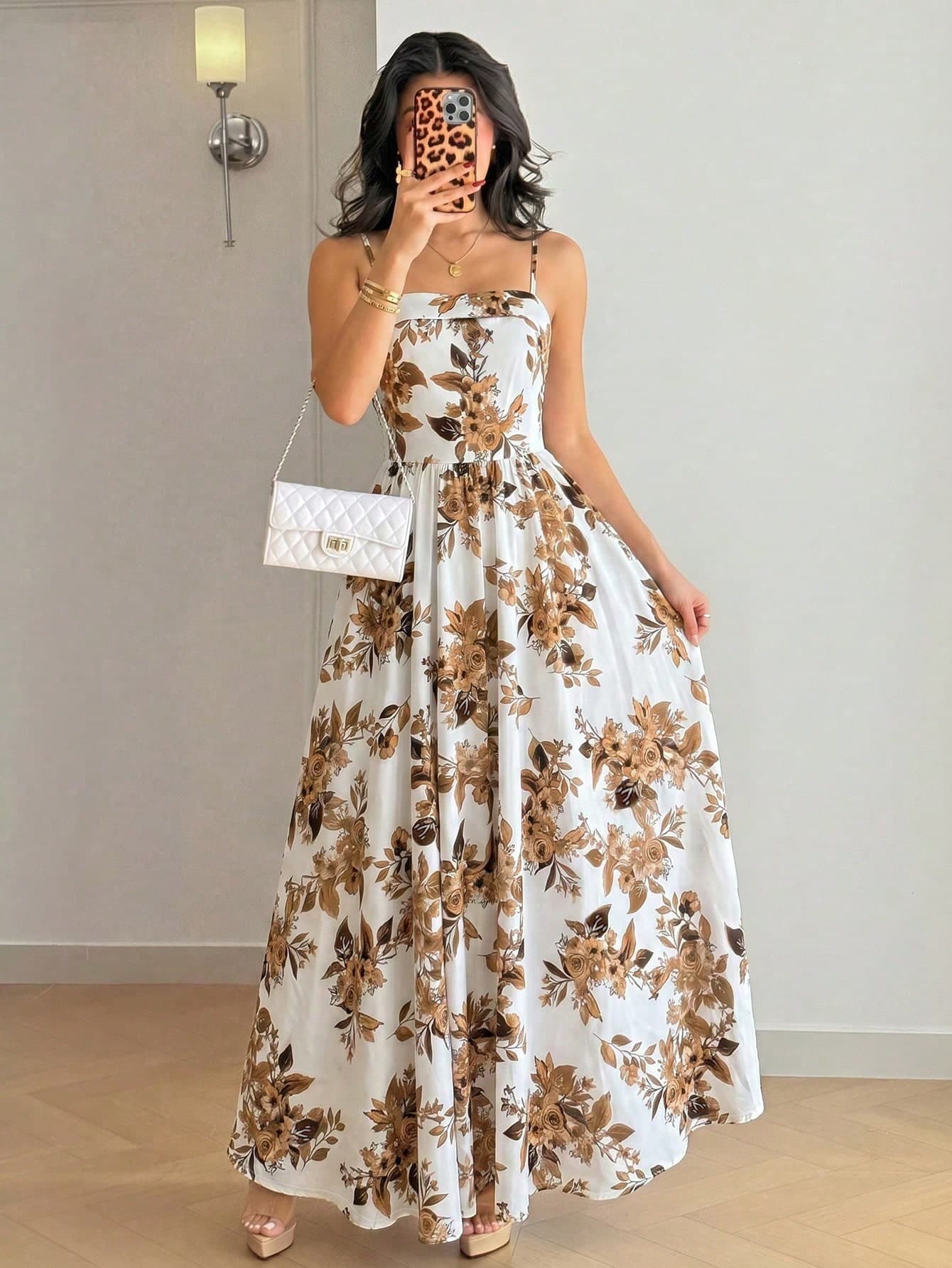 Rafferiza Summer White Floral Brown Print Spaghetti Strap Maxi Dress,Elegant Holiday Tea Party Square Neck High Waist A-Line Flowy Casual Vacation Dresses