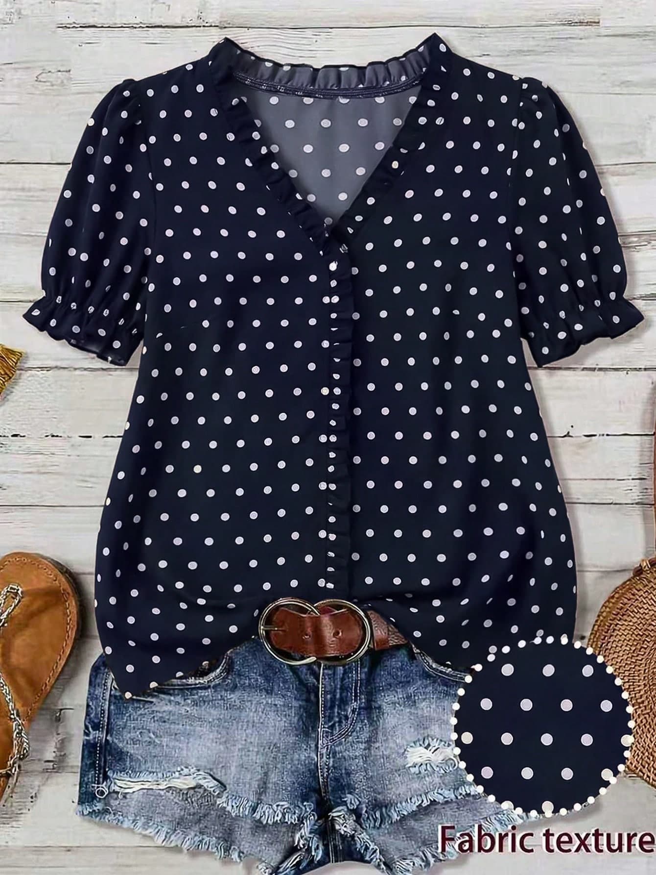 SHEIN LUNE CURVE Polka Dot V-Neck Ruffle Hem Blouse For Women, Loose Fit Flattering Plus Size Shirt