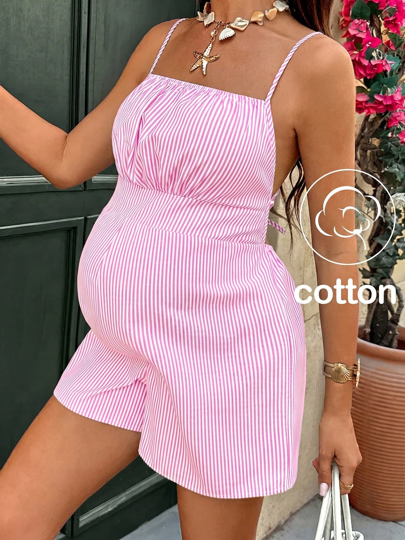 Lyckli Maternity Striped Backless Tie Strap Jumpsuit
