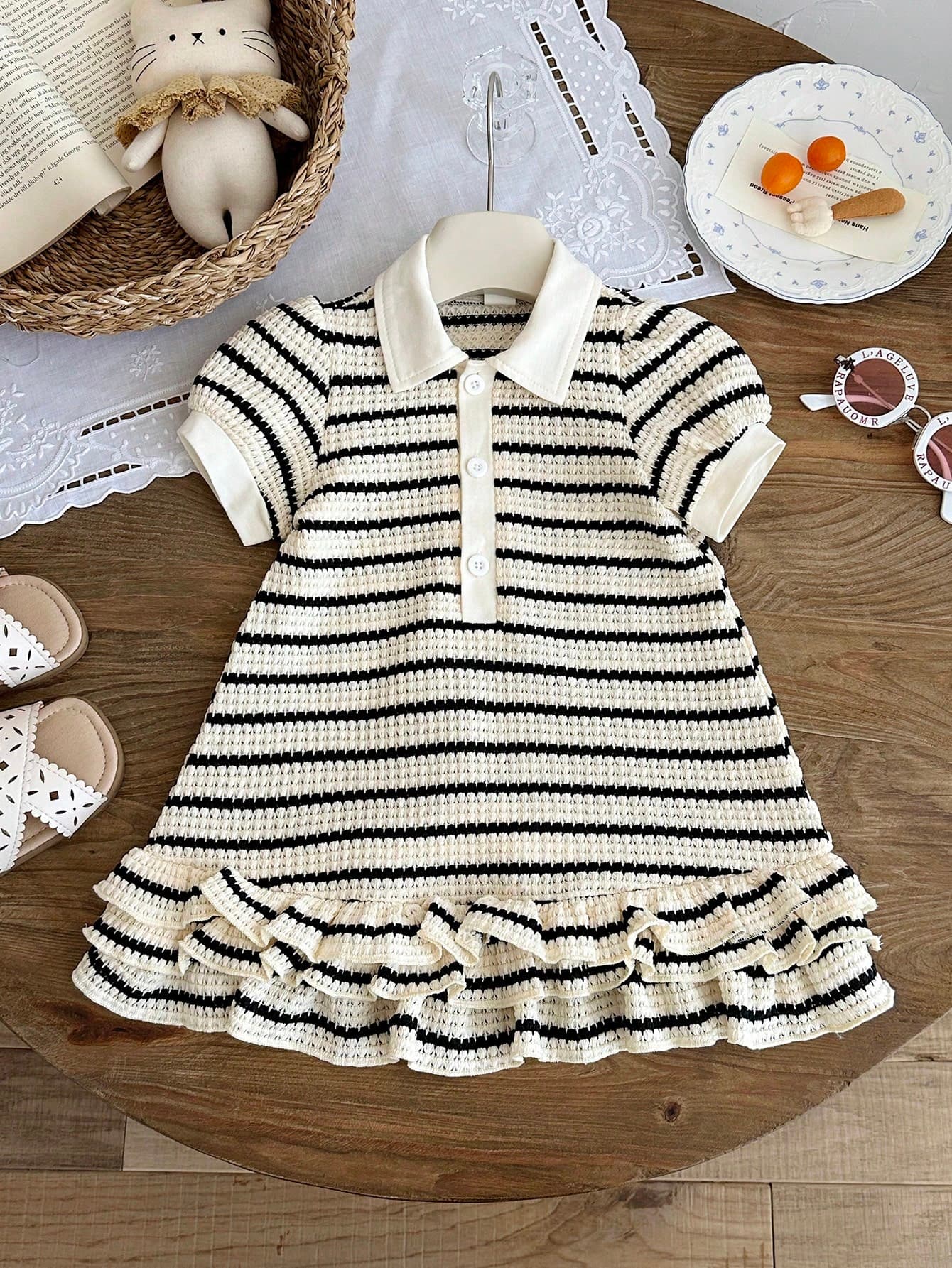 SHEIN 1pc Baby Girl Black And White Striped Knitted Polo Collar Short Sleeve Dress Cute Summer Back-To-School School Casual Ruffle Hem Mustard Yellow Dress
