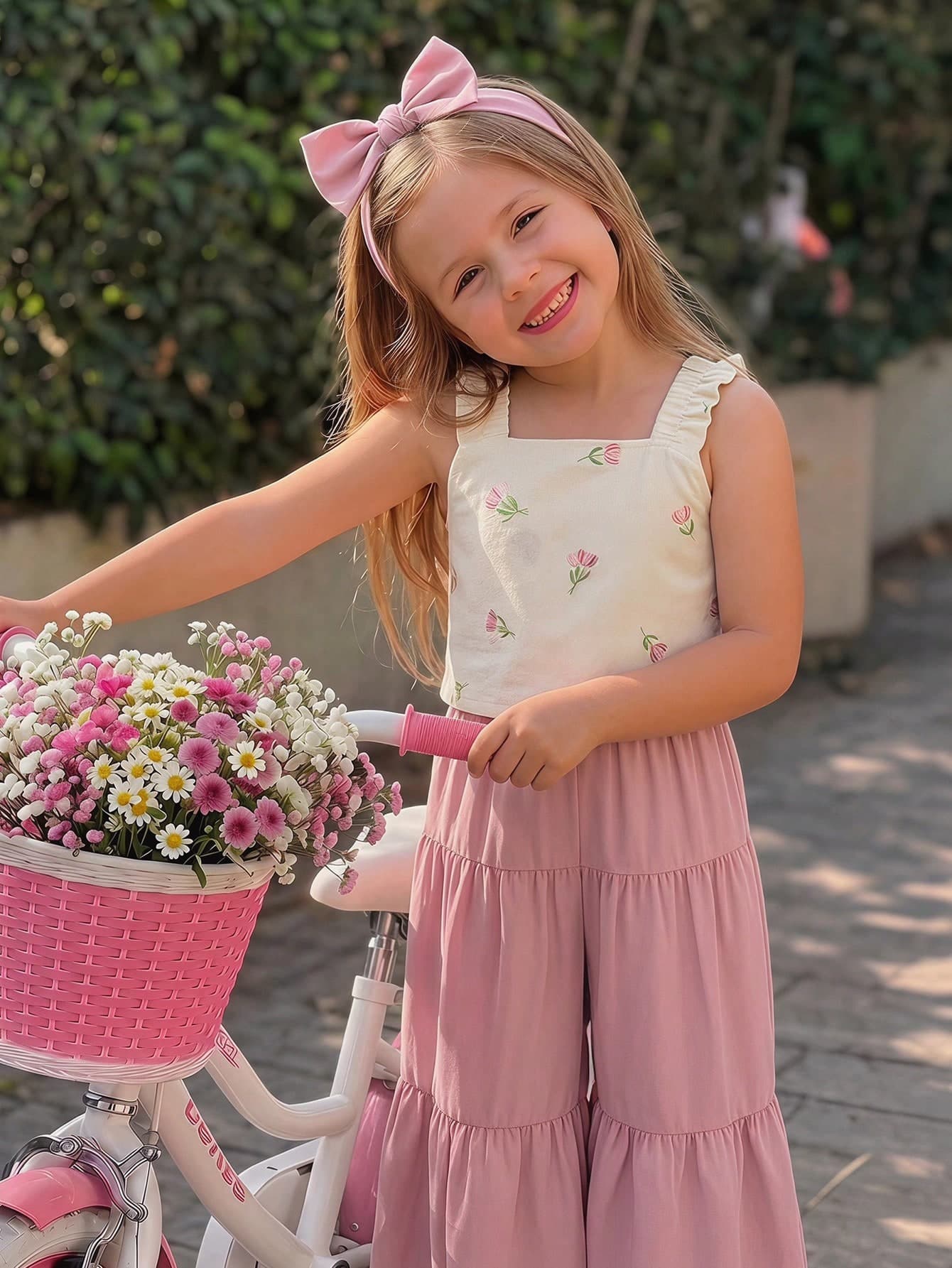 Emery Rose Kids Emery Rose Kids 2pcs Young Girl Light Pink Summer Matching Set,Square Neck Ruffle Camisole & Wide Leg Pants,Boho Linen Clothes For Family Vacation,Kids Party Outfit