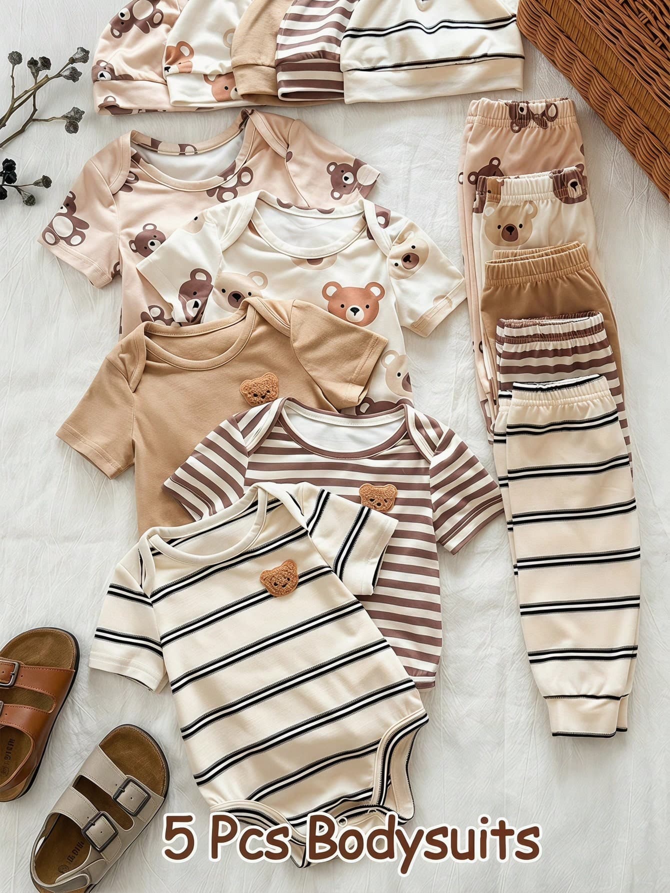 SHEIN 5pcs Unisex Newborn Baby Boy/Girl Cute Bear Short Sleeve Rompers, 5pcs Rompers,Casual Summer Clothes