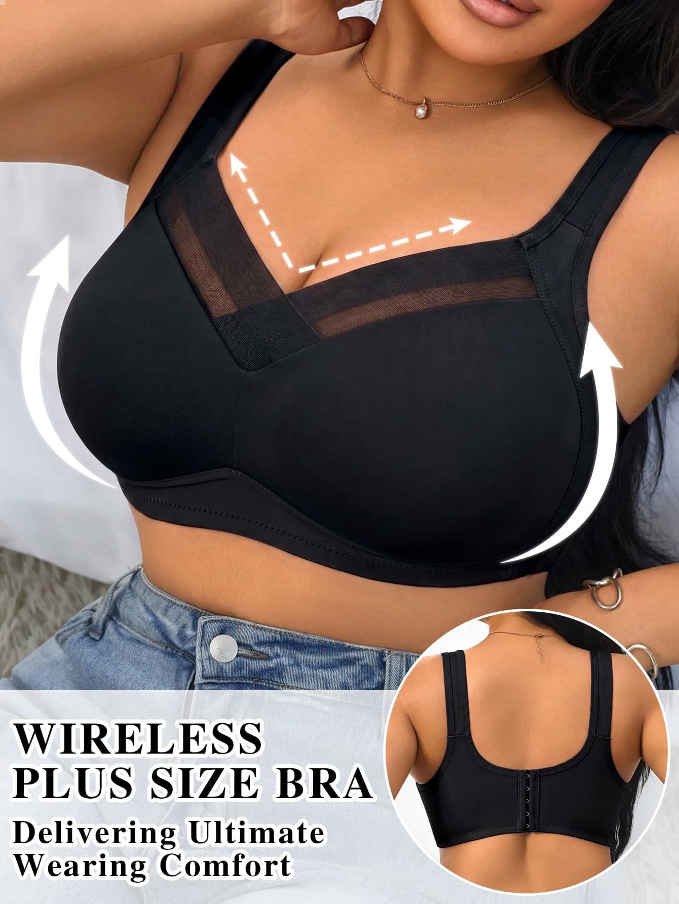 DesireSculpt Women Plus Size Solid Comfortable Sexy Mesh Splice Thin & Skin-Friendly Underwear Camisole Wire-Free Soft Cup Anti-Sagging Sports Yoga Bra