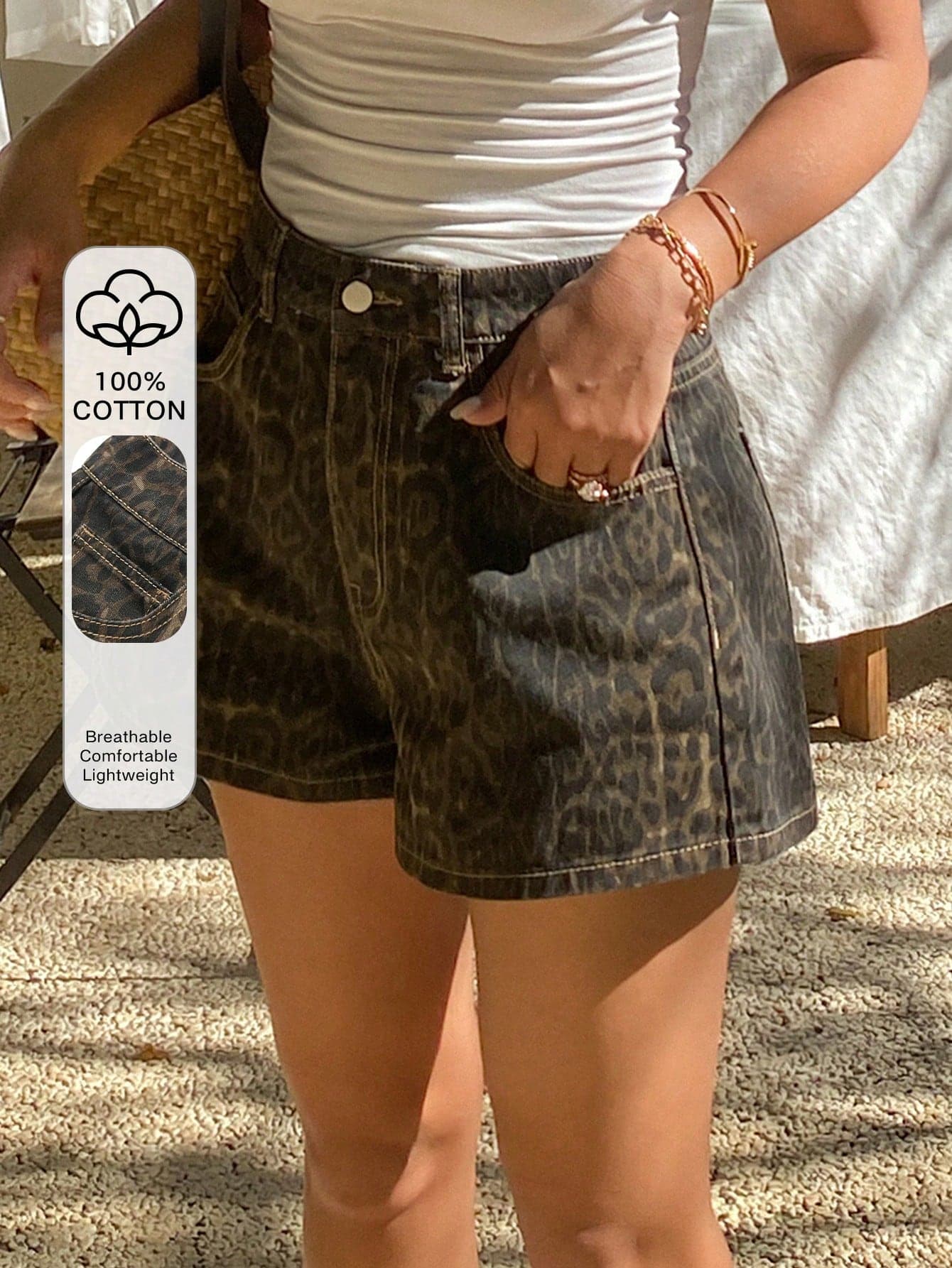 DAZY Women's Leopard Print Casual Sexy Denim Shorts, Spring/Summer Petite Swimming Pastal