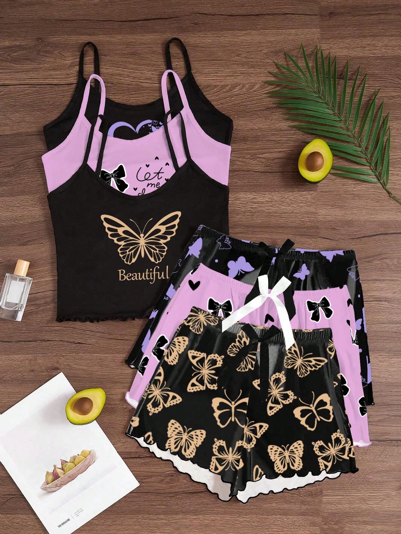 Softscene 3Set Cartoon Print Camisole And Shorts PJS, Comfortable For Summer Women Pajama Shorts Set Women Sleepwear Sets