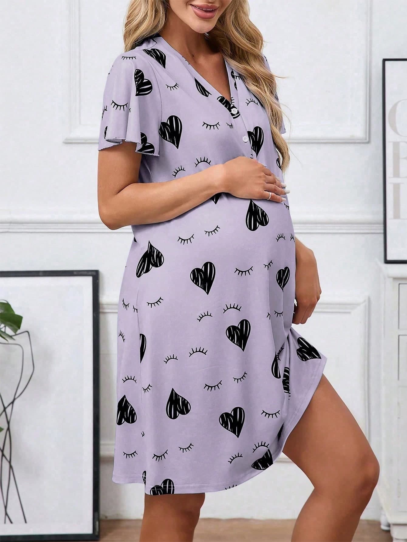 Moonlight&Mama Maternity Heart & Lashes Print V-Neck Button Front Short Sleeve Nightgown