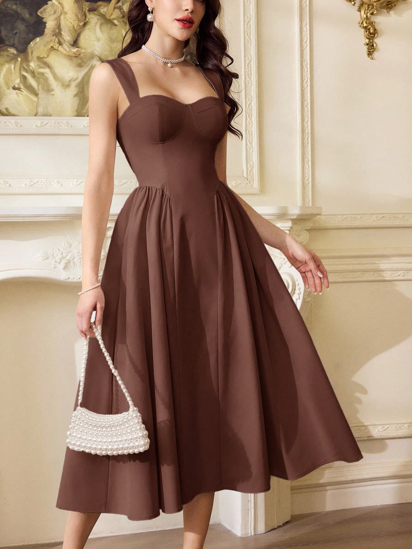 Vintamour Vintage Elegant Brown Autumn Women Dress With Pockets Casual Tea Party,Dining,Festivals,Vacation Outfits,Corset Formal Birthday Wedding Guest Dress