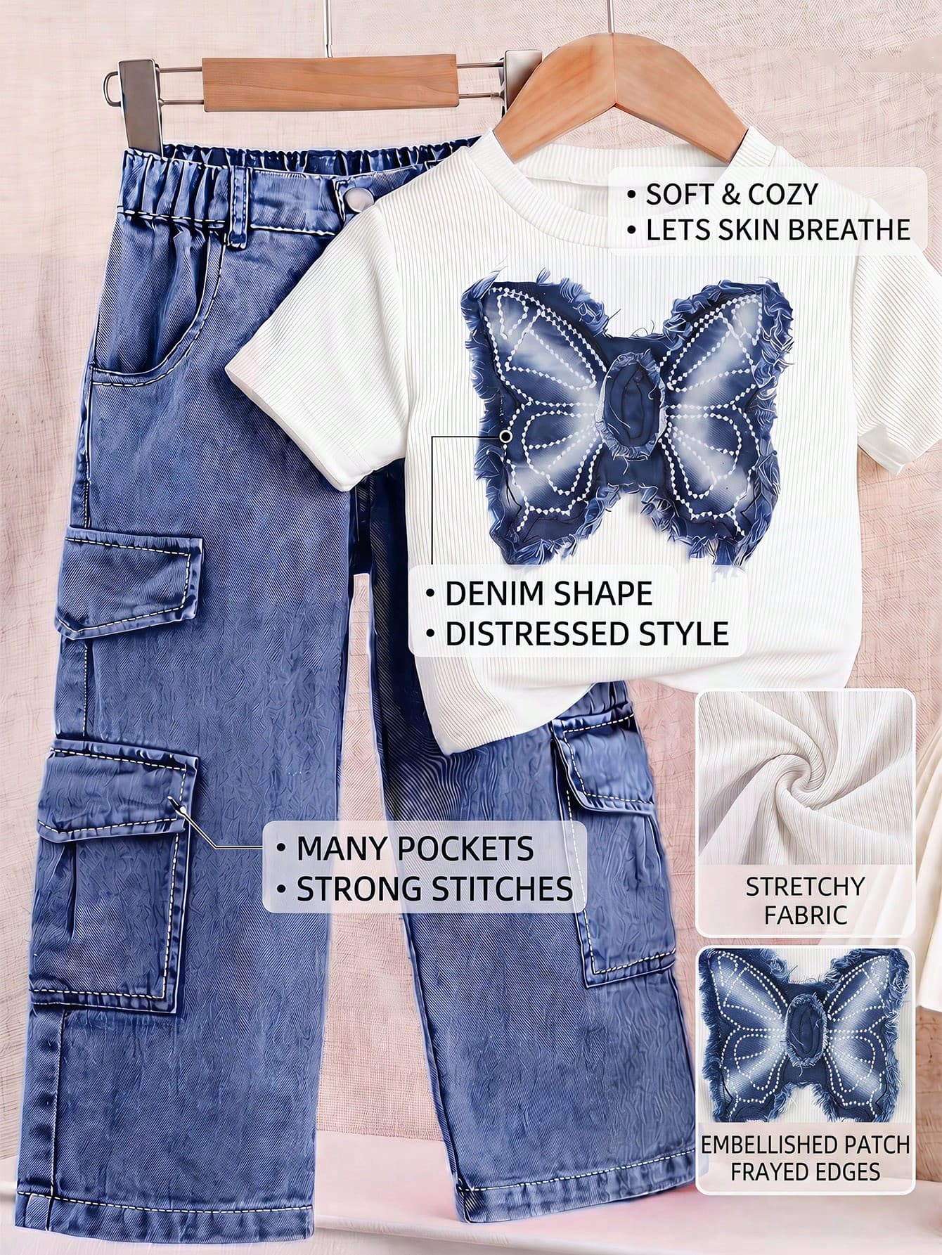 Girls Summer School Casual Set,Short Sleeve Round Neck T-Shirt With 3D Butterfly Embroidered Denim Patch,Washed Denim Cargo Pants With Multi Pockets