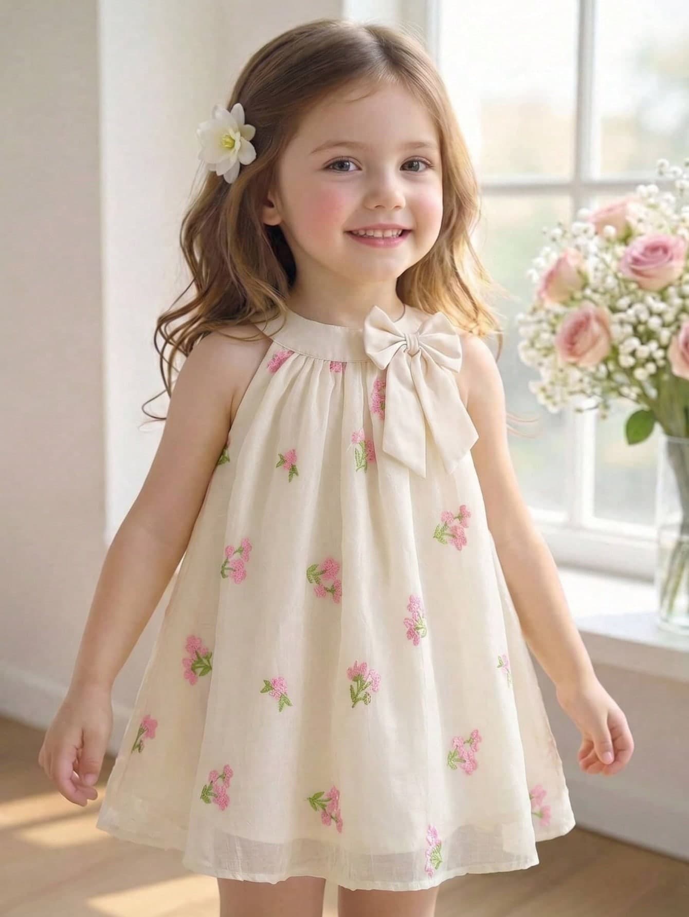 SHEIN Girls' Sleeveless Princess Dress Soft Beige Pink Floral Summer Elegant Party Dress With Bow Decor Fresh Sweet Style Comfortable Fabric For Birthday