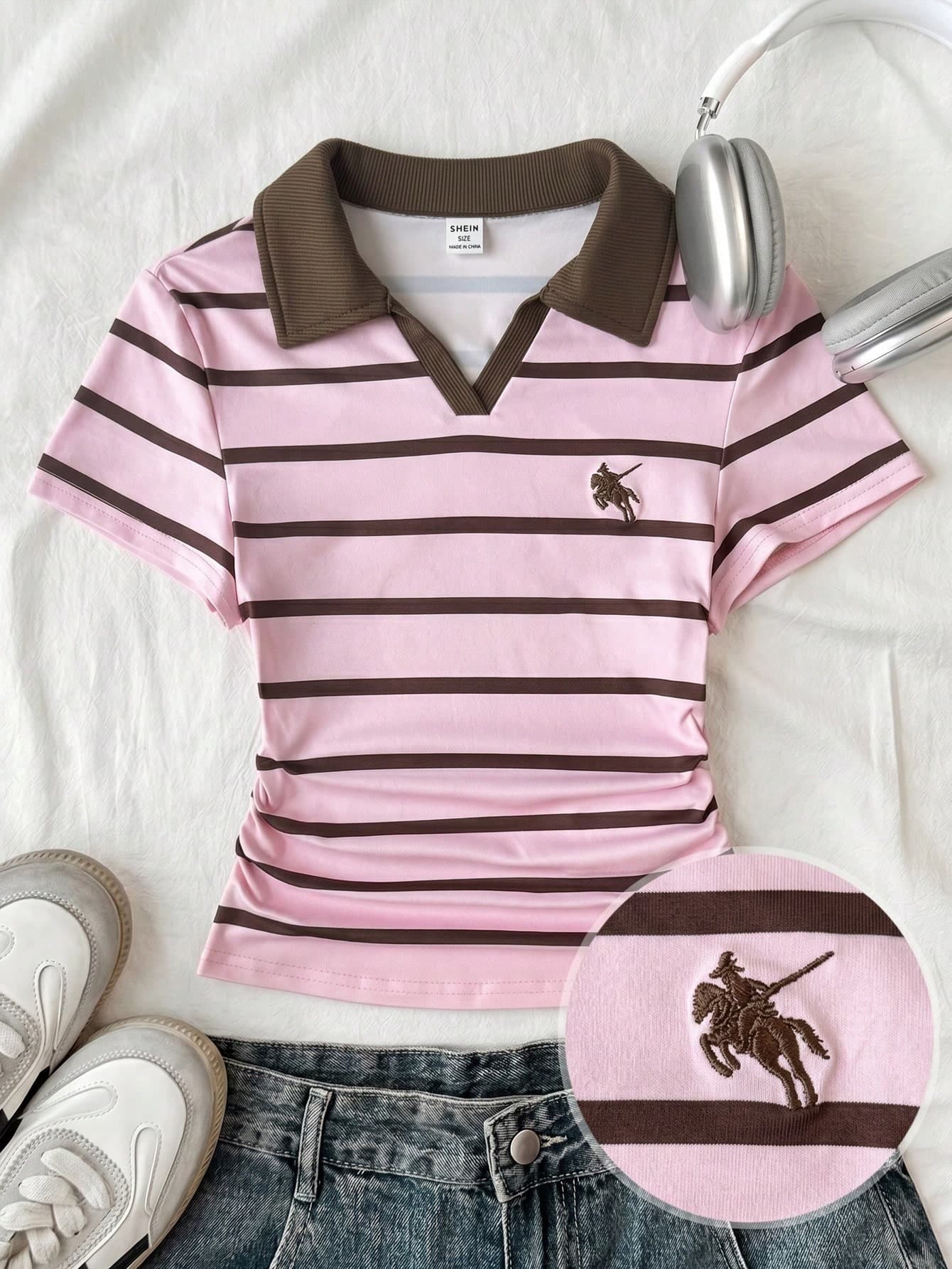 SHEIN Tween Girl Tween Girls' Pink Brown Striped Collared Knit Casual Color Block Fitted Crop Top Tee With Small Logo Embroidery