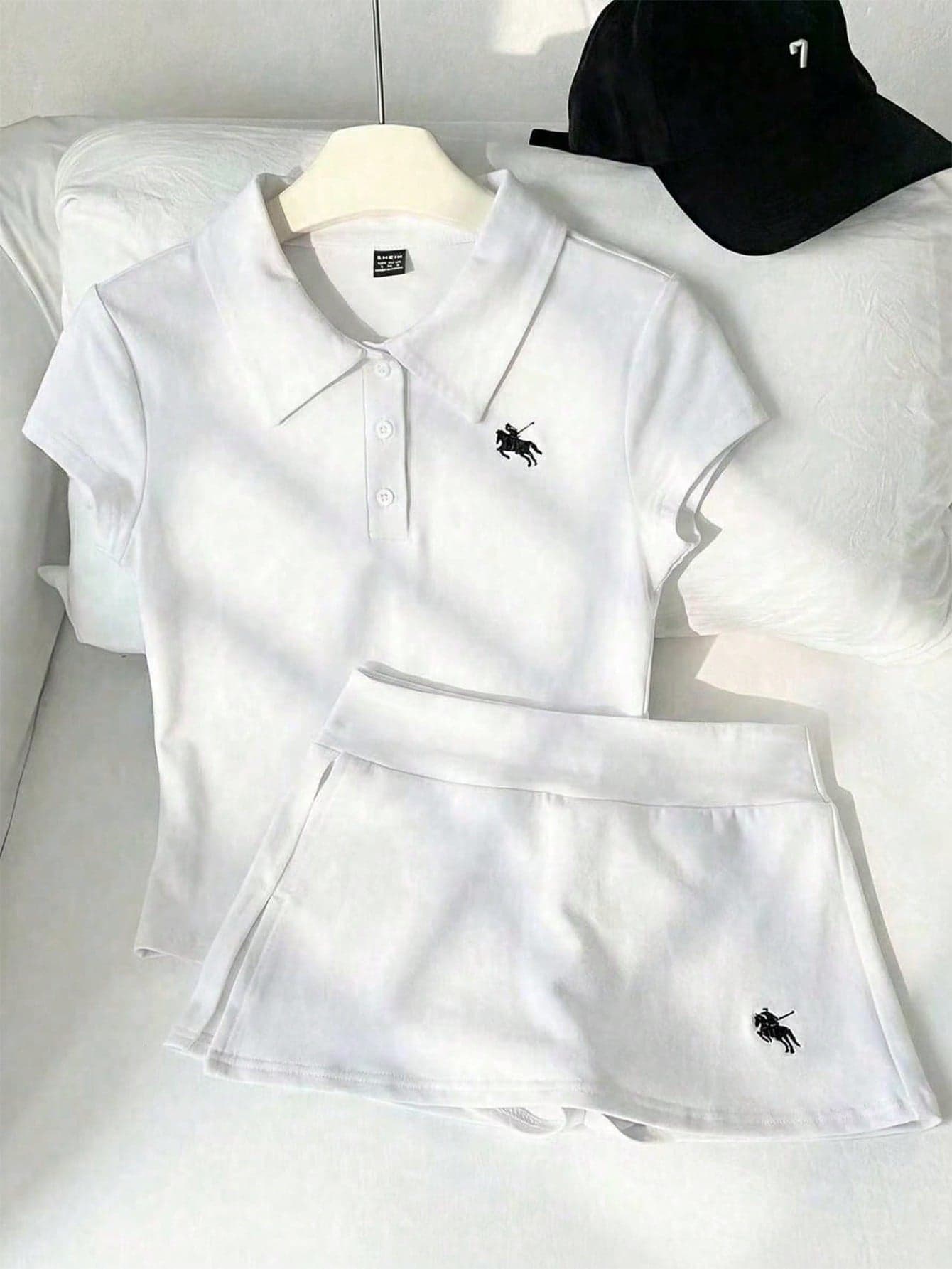 Elamini Women's Casual Polo Collar Horse Embroidery Fitted T-Shirt + Mini Low-Waist Skort Set White Polo Shirt And Skirt Set