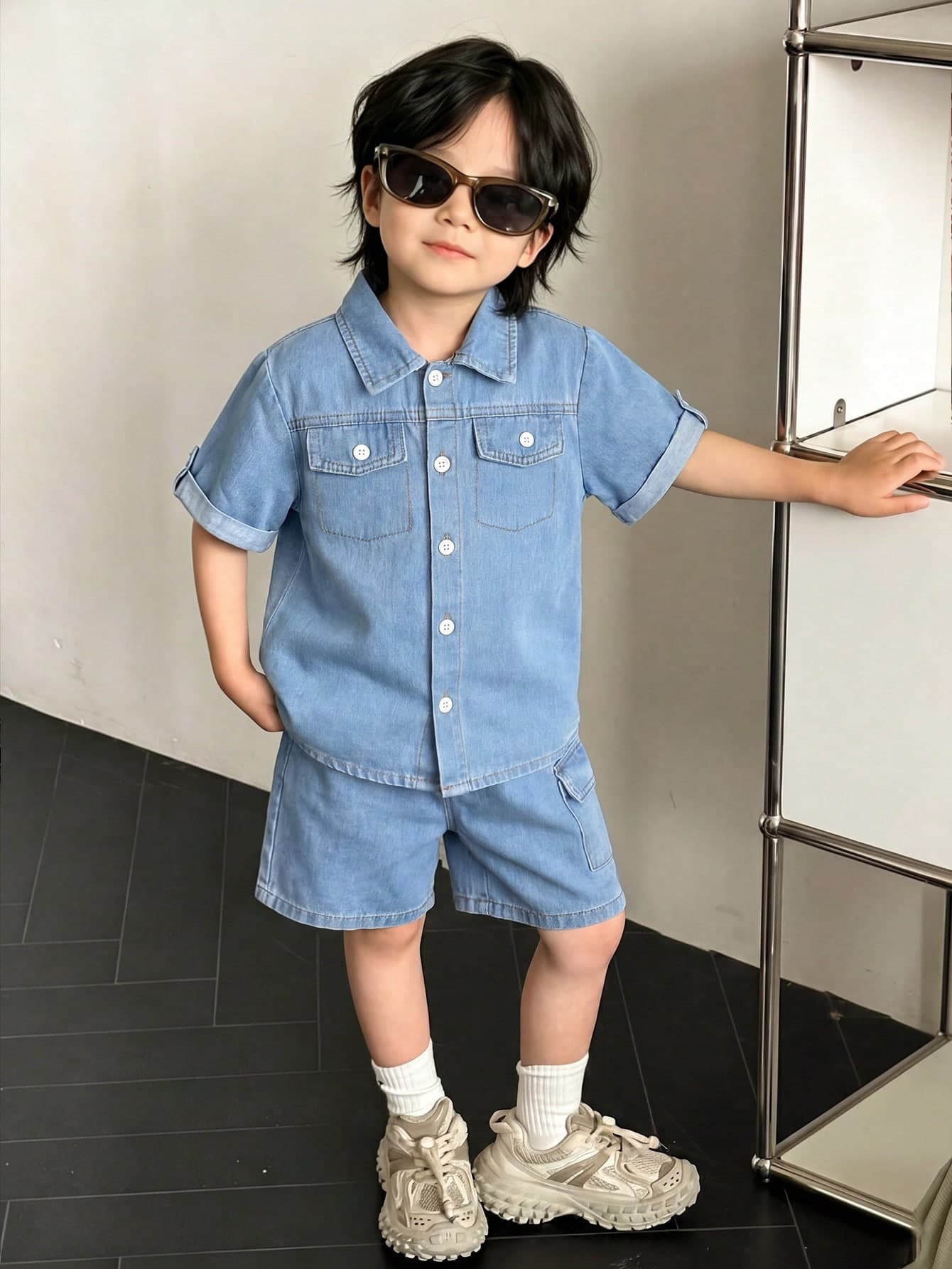 SHEIN 2pcs/Set Young BoyCasual Academic Style Blue Shirt And Comfortable Cotton Washed Blue Denim Shorts Set,Holiday,Summer,Travel, School, Campus, College