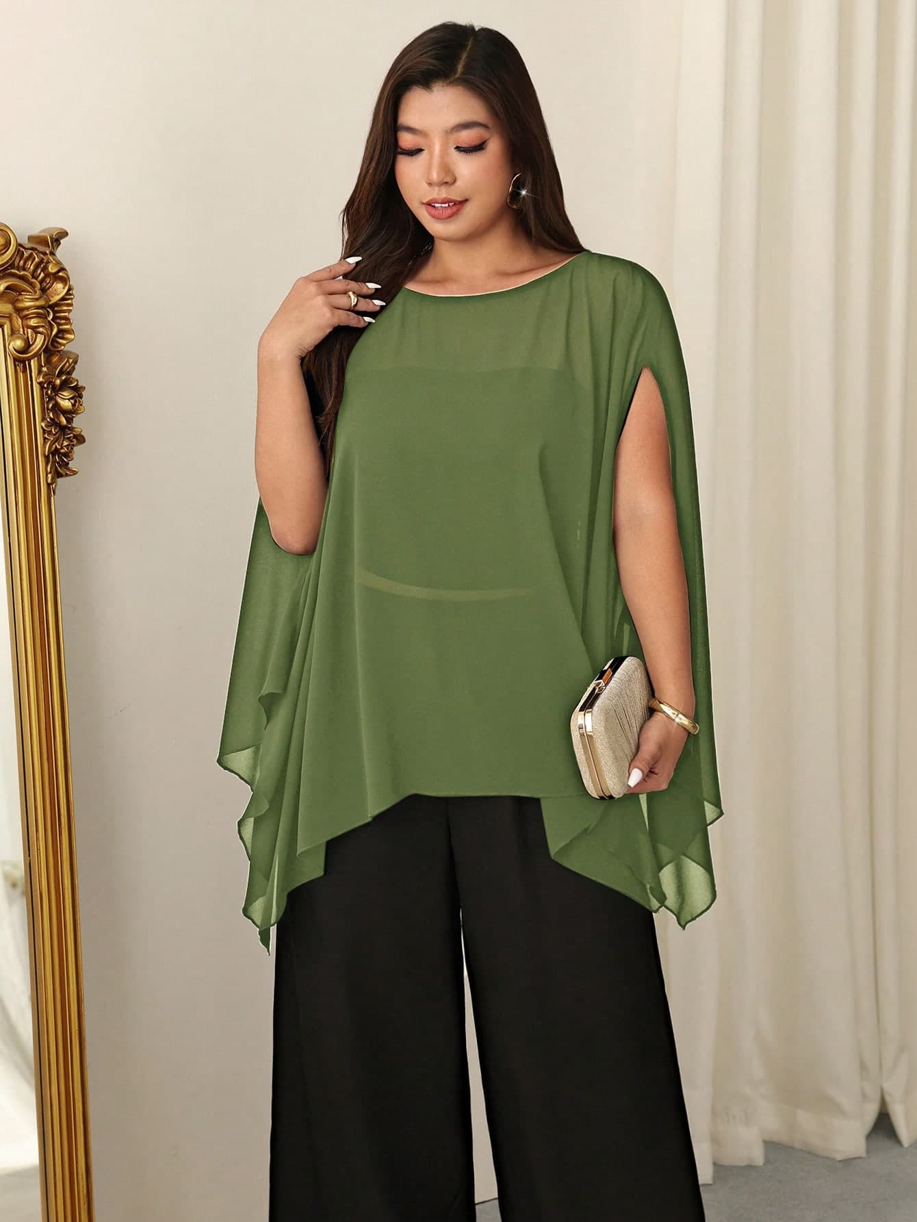 Firerie Plus Size Women's Solid Color Round Neck Cape Sleeve Elegant Blouse Fall