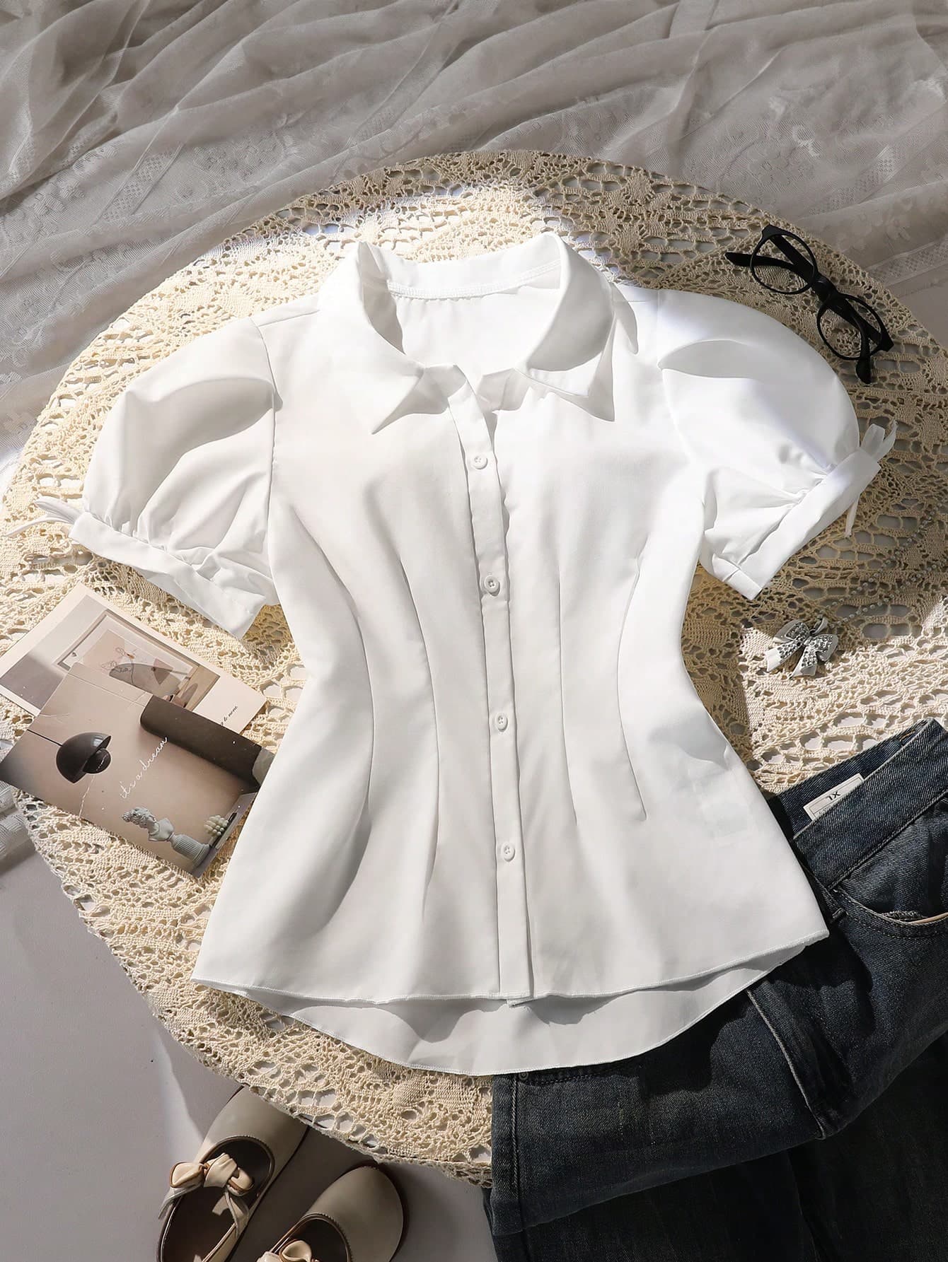 SHEIN White Striped Front Button Short Sleeve Casual Shirt,Lantern Sleeve,Bow Tie Pleated Waist,A-Line Silhouette,Teen Girl Summer Party Back-To-School