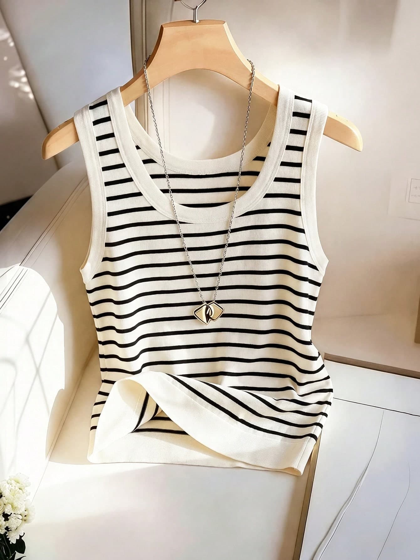 SHEIN Franclia Women's Black And White Striped Tank Top,Elegant Round Neck Sleeveless Summer Casual Tops For Brunch,Commuting Basic Festival Outfits For Women
