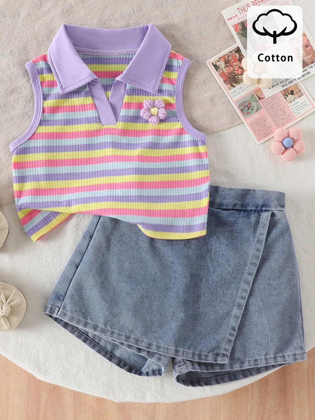 Genkimix Kids 2pcs/Set Toddler Girls' Summer School Outfit,Colorful Striped Textured Knit Collar Heart Decor Vest Top And Solid Color Skort,Cute Vintage Clothes