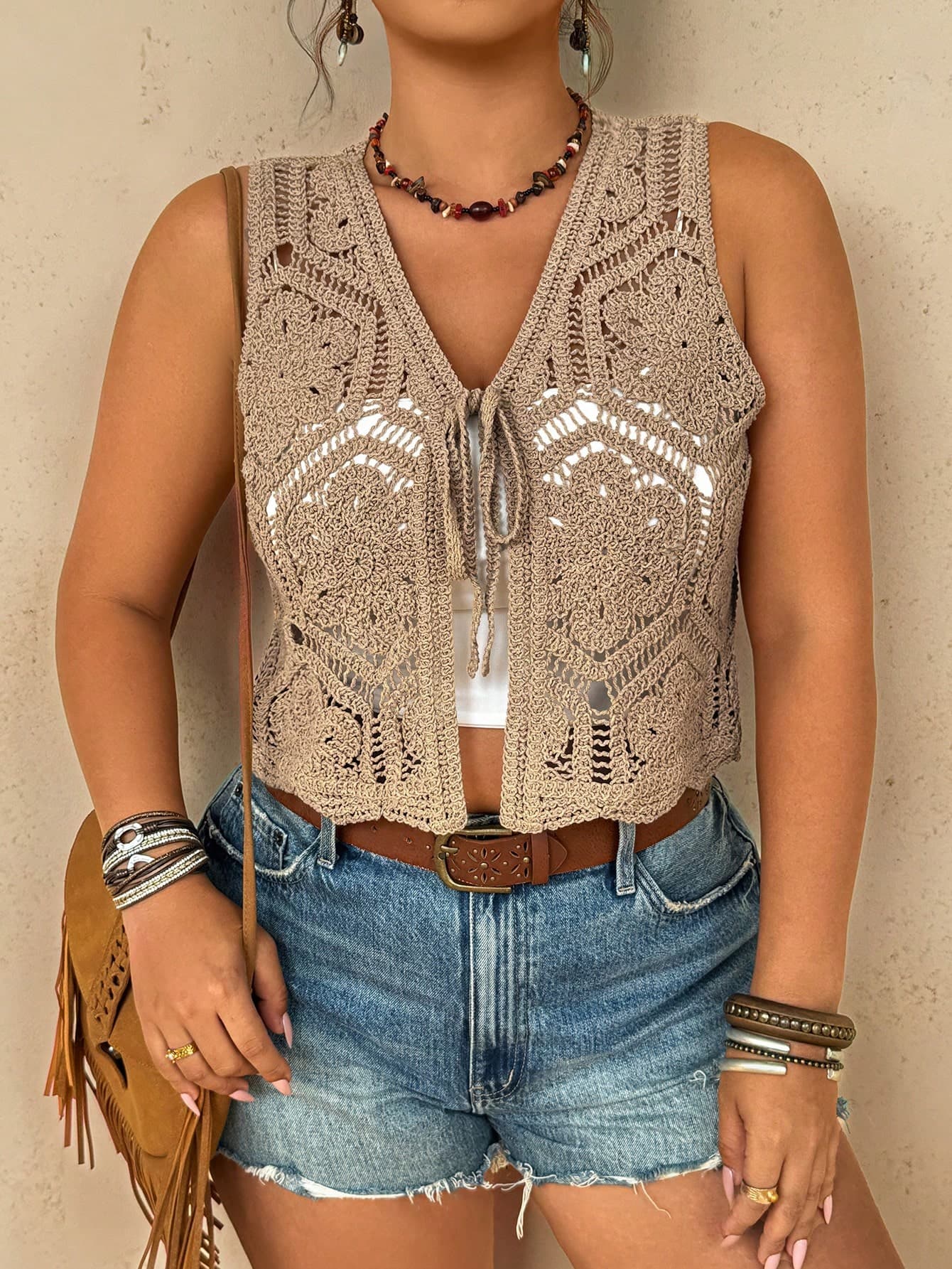 Freevana Women's Boho Resort Wear | Khaki Crochet Hollow Out V-Neck Tie Front Vest - Short Beach Cover Up Cardigan Outerwear Fall
