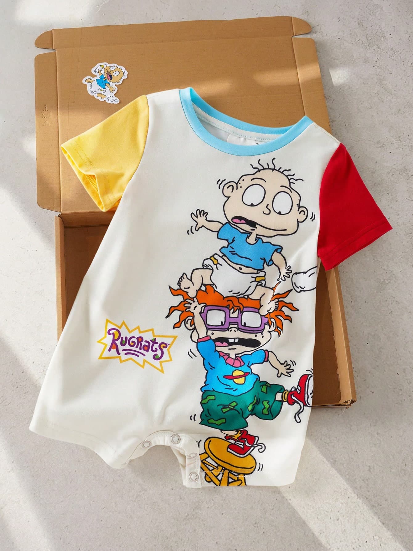 Nick 90s | SHEIN Baby Boy Summer Casual Contrast Color Cartoon Portrait Pattern Round Neck Short Sleeve Romper
