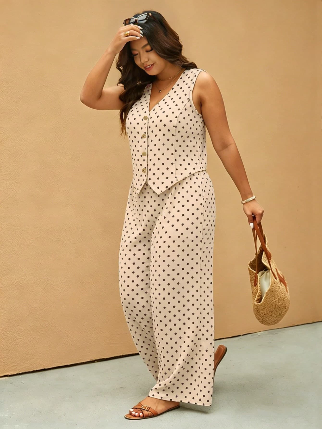 SHEIN Essnce Plus Size Polka Dot Print V-Neck Button Front Vest And Wide Leg Pants Casual 2 Pieces Set