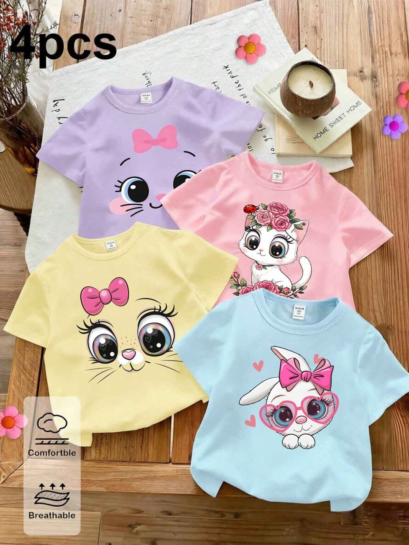 4pcs/Set Girls' Casual Cute Kitty,Bow,Floral,Heart,Glasses Graphic Print Short Sleeve T-Shirts,Comfortable Daily Wear,Summer,School,Back-To-School