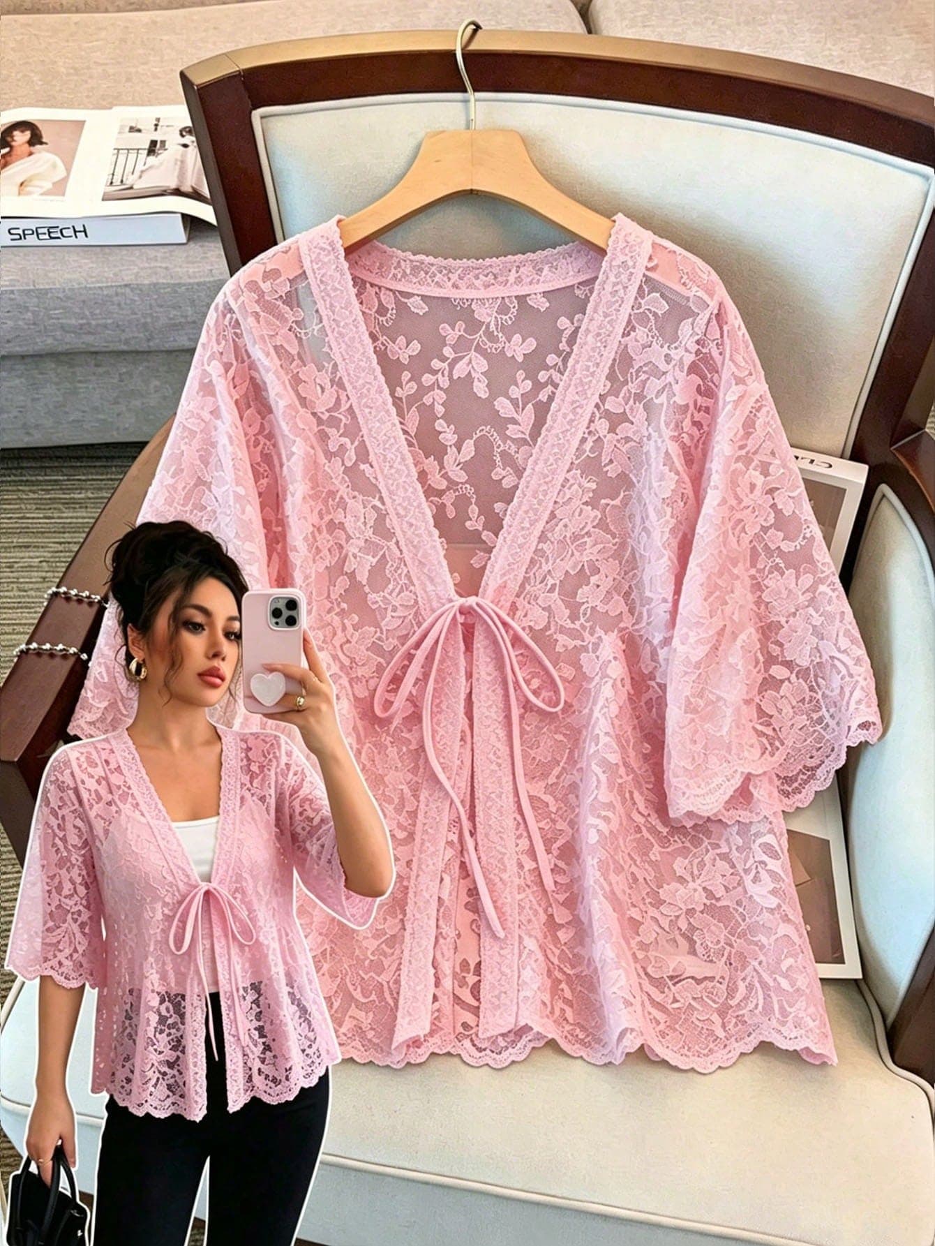GlowEve CURVE Plus Size Women V-Neck Tie Front Sheer Vacation Blouse Shawl Collar Half Sleeve Embroidery Hollow Out Cardigan