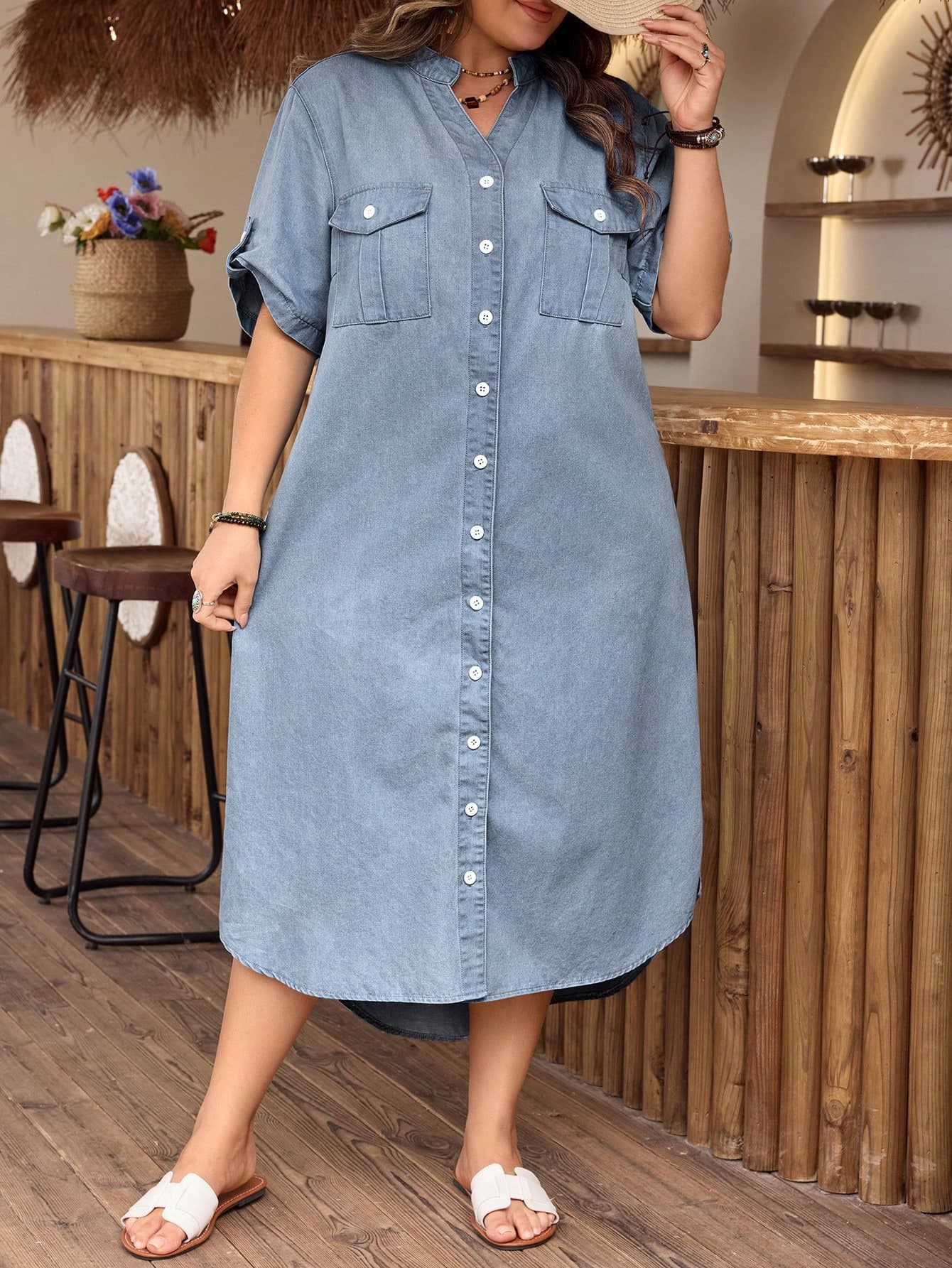 Breezaya Plus Size Summer Casual Washed Front Button Pocket Denim Dress