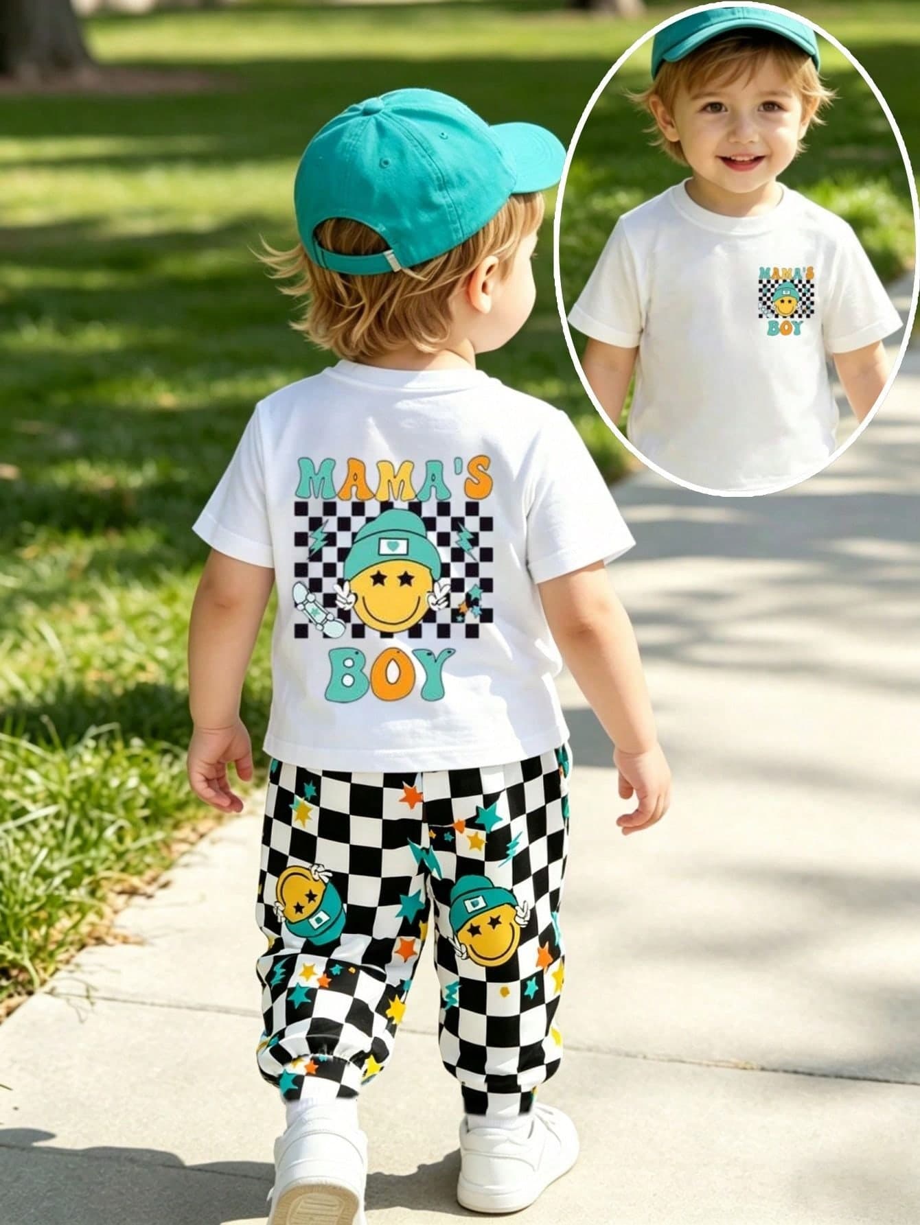 2pcs Baby Boys Black And White Checkered Plaid Outfits,Face Letter Print Short Sleeve T-Shirt & Jogger Pants Set,Summer Casual Cute Beach Sportswear