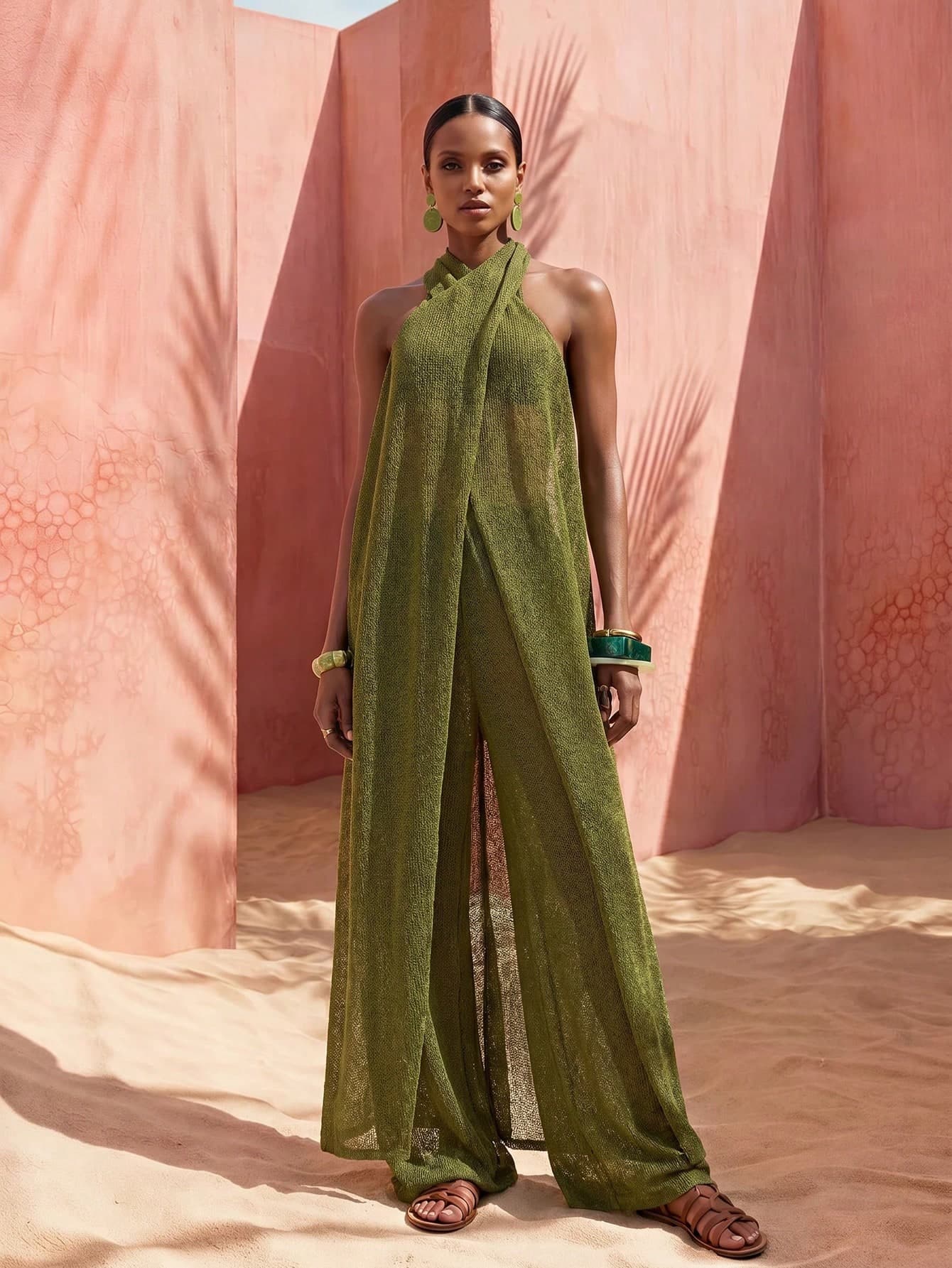 Zivah 2026 New Arrival Elegant Vacation Style Halter Dress+Wide Leg Pants Coverup Set, Women Beach 2 Pieces Outfit Bathing Suits For Cover Ups Swimwear