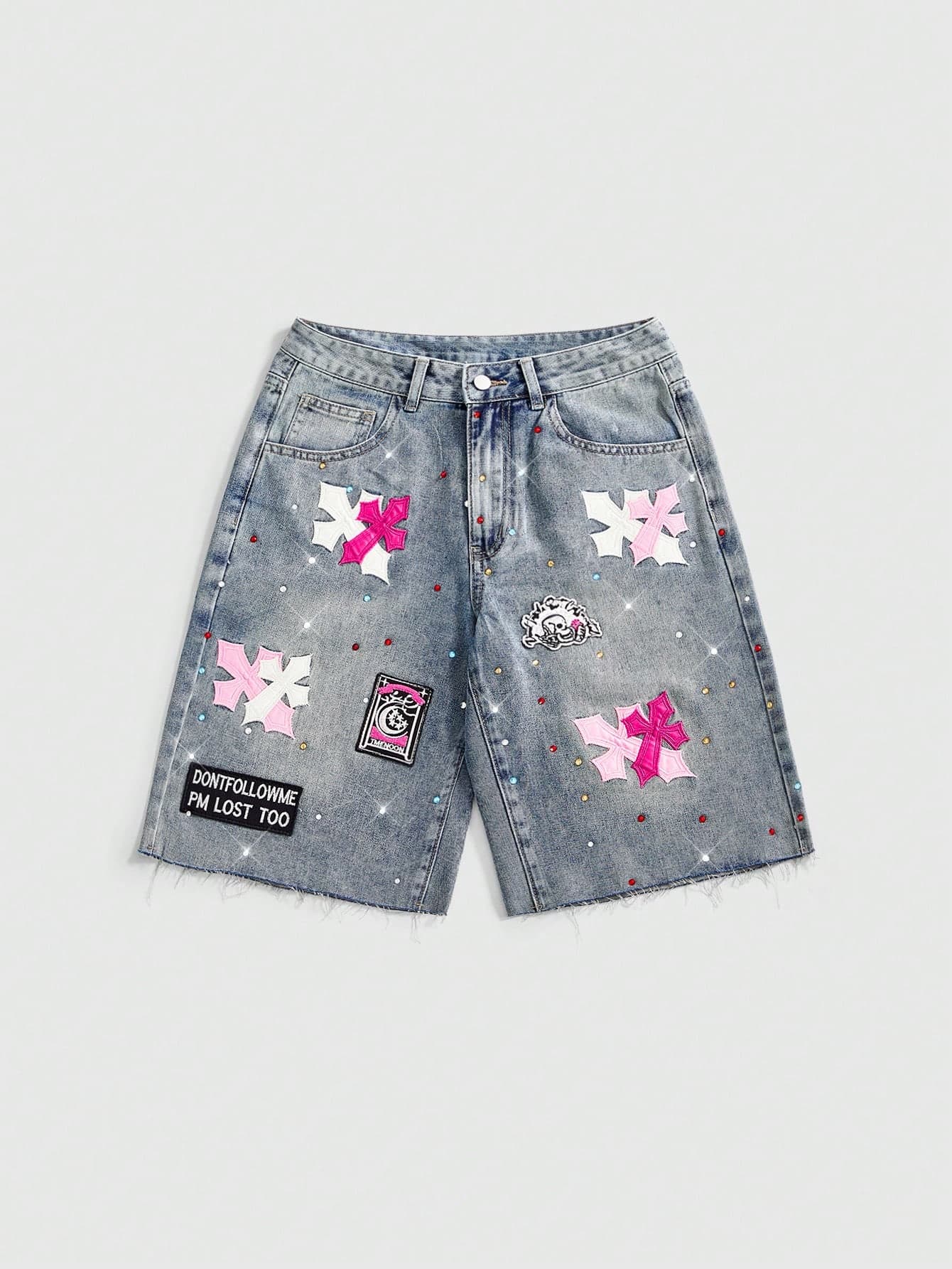 ROMWE Street Life Women's Vintage PUNK Cross Embroidery Rhinestone Decorated 7/10 Length Denim Shorts