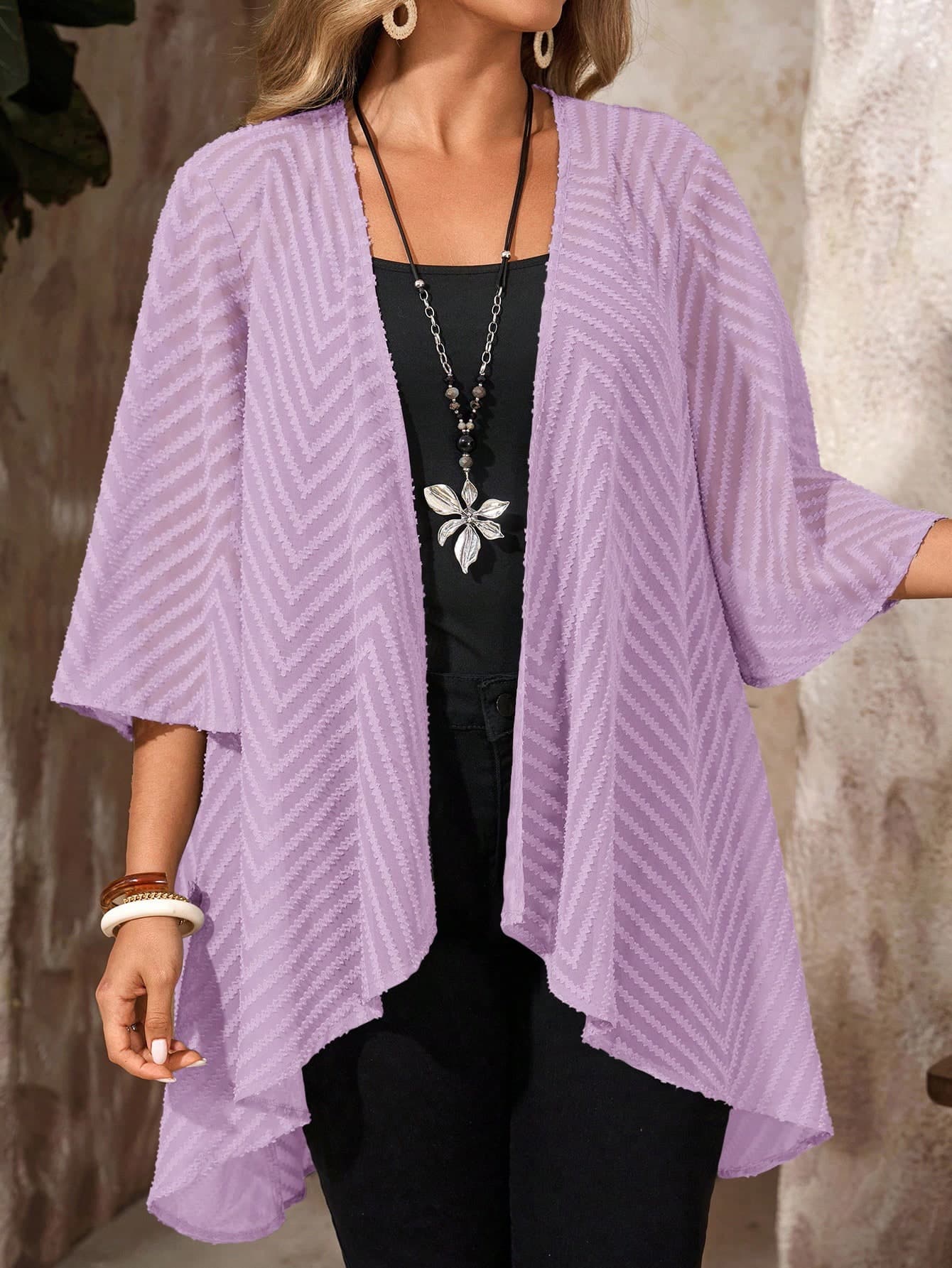 EMERY ROSE Plus Size Women Loose Casual Purple Hollow-Out Lace Summer Jacket