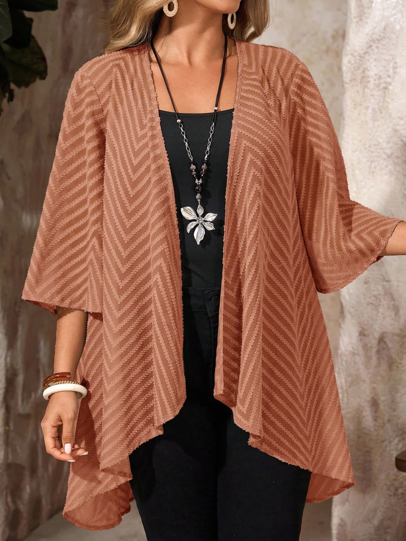 EMERY ROSE Plus Size Women Summer Vacation Open Front Cutout Loose Jacket