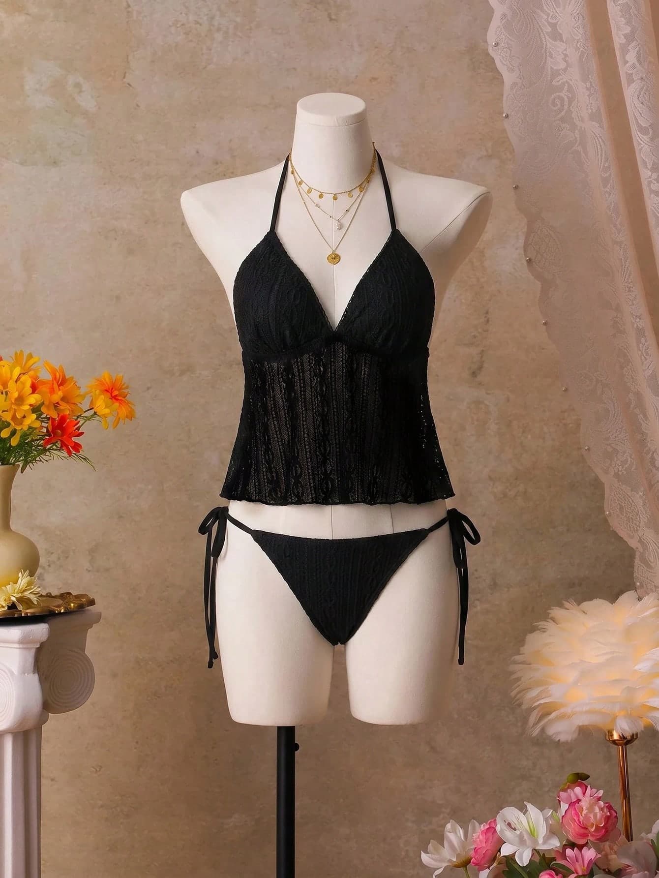 Bellisia Women's Summer Vacation Cute Special Fabric Floral Contrast Color V-Neck Tankini