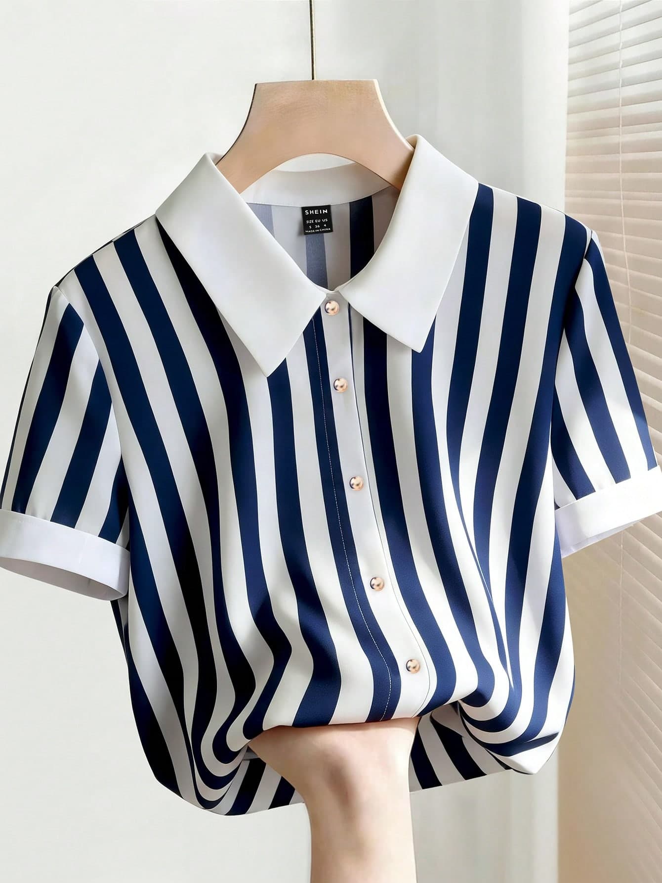 SHEIN Franclia Summer Top, Beach, Outdoor , Elegant Women's Shirt, Casual , Women's Vacations, Holidays, Women's Commuting, Women's Offices, Social/Workwear Top, Women's Office Wear, Women's Work Top, Striped Collared Metal Button Short-Sleeved Loose-Fitting Shirt, Comfortable And Stylish.