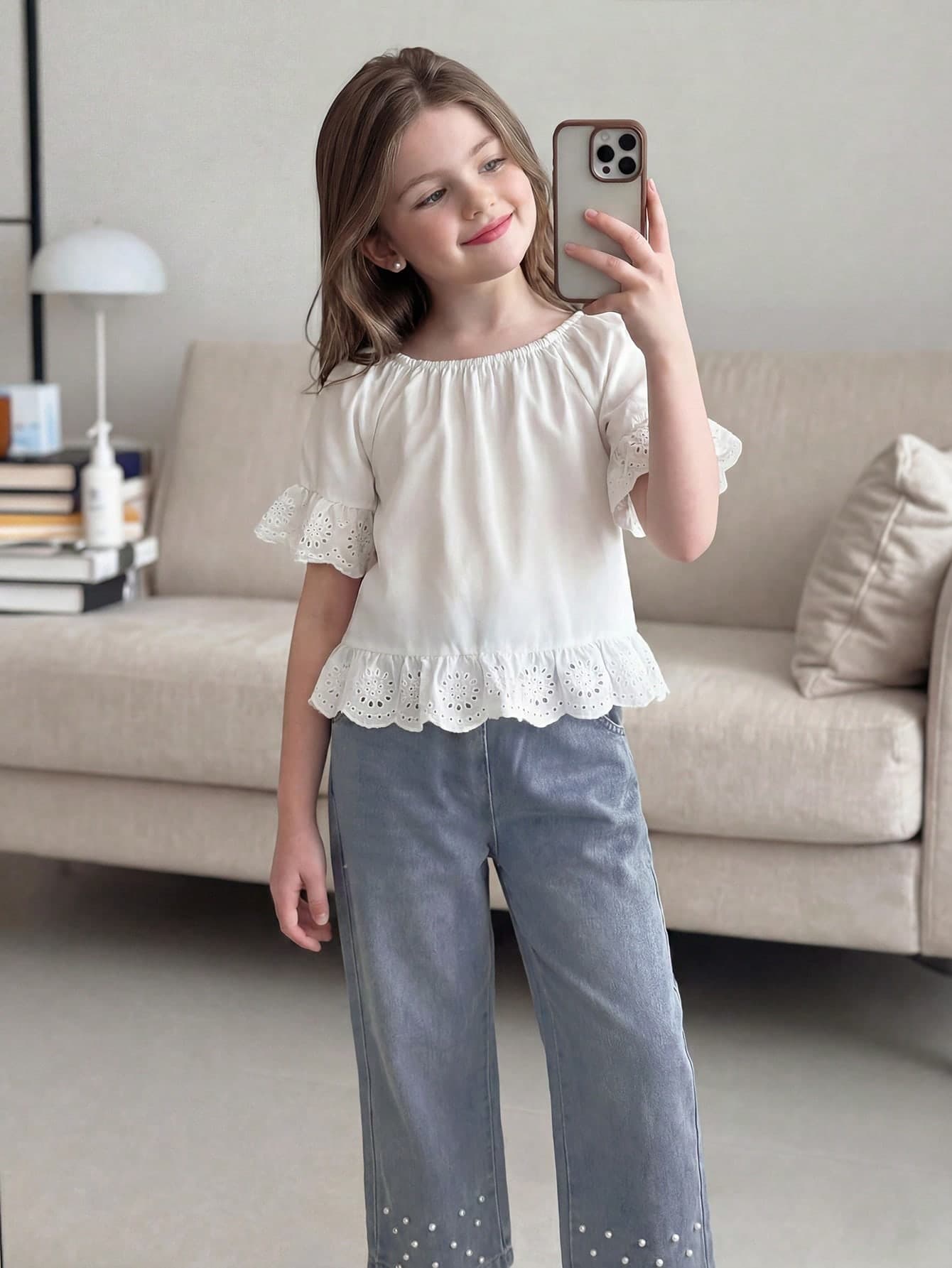 Elladie kids 2pcs/Set Young Girl Lace Trim Off Shoulder Blouse And Pearl Decor Denim Long Pants Outfit, Suitable For Summer Daily Wear Summer Holiday