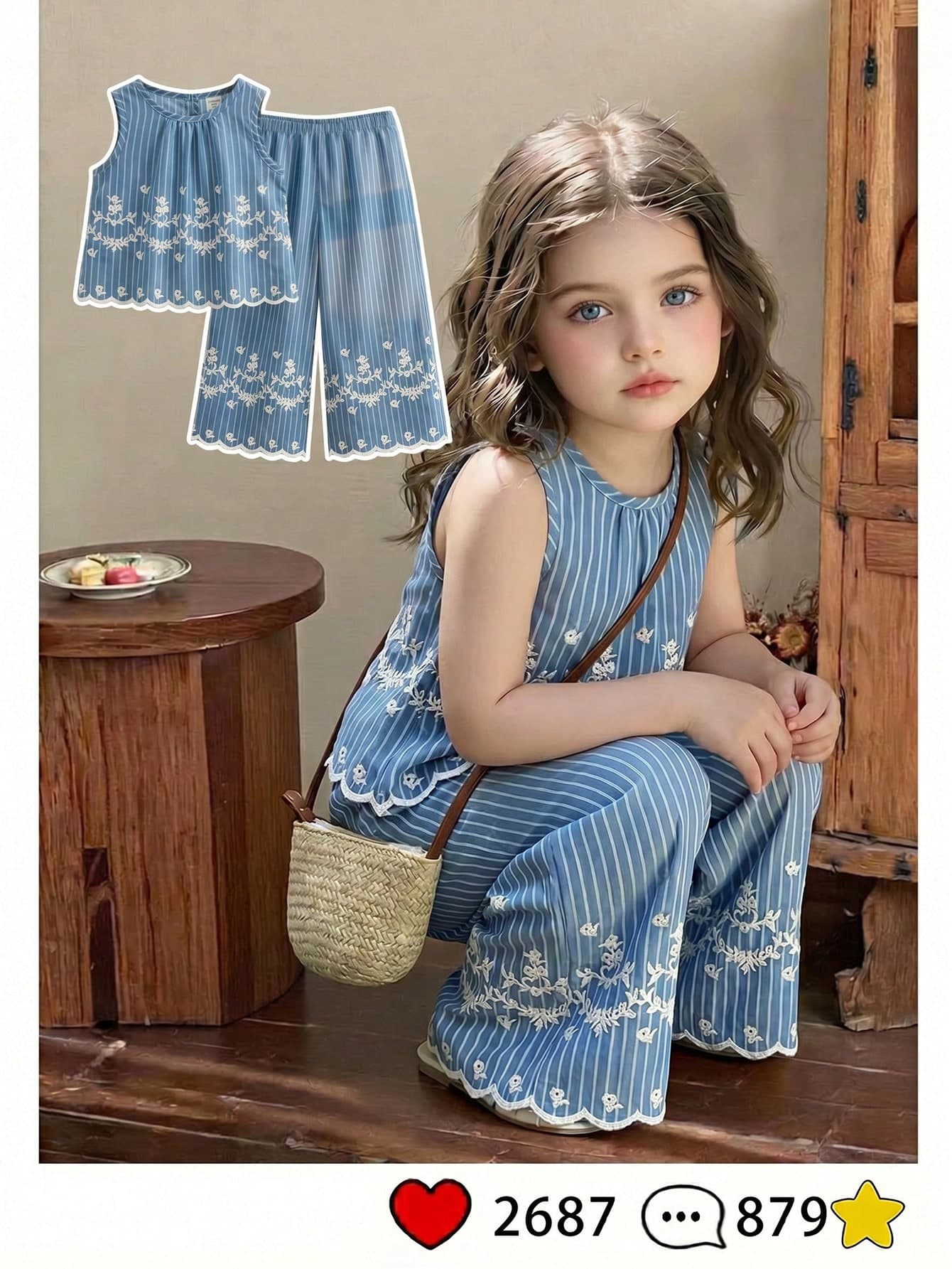 SHEIN Vintaside Kids Young Girls' Summer Matching Set,Elegant Vertical Striped Floral Embroidered Sleeveless Top & Wide Leg Pants,Perfect For Family Vacation & Casual Wear