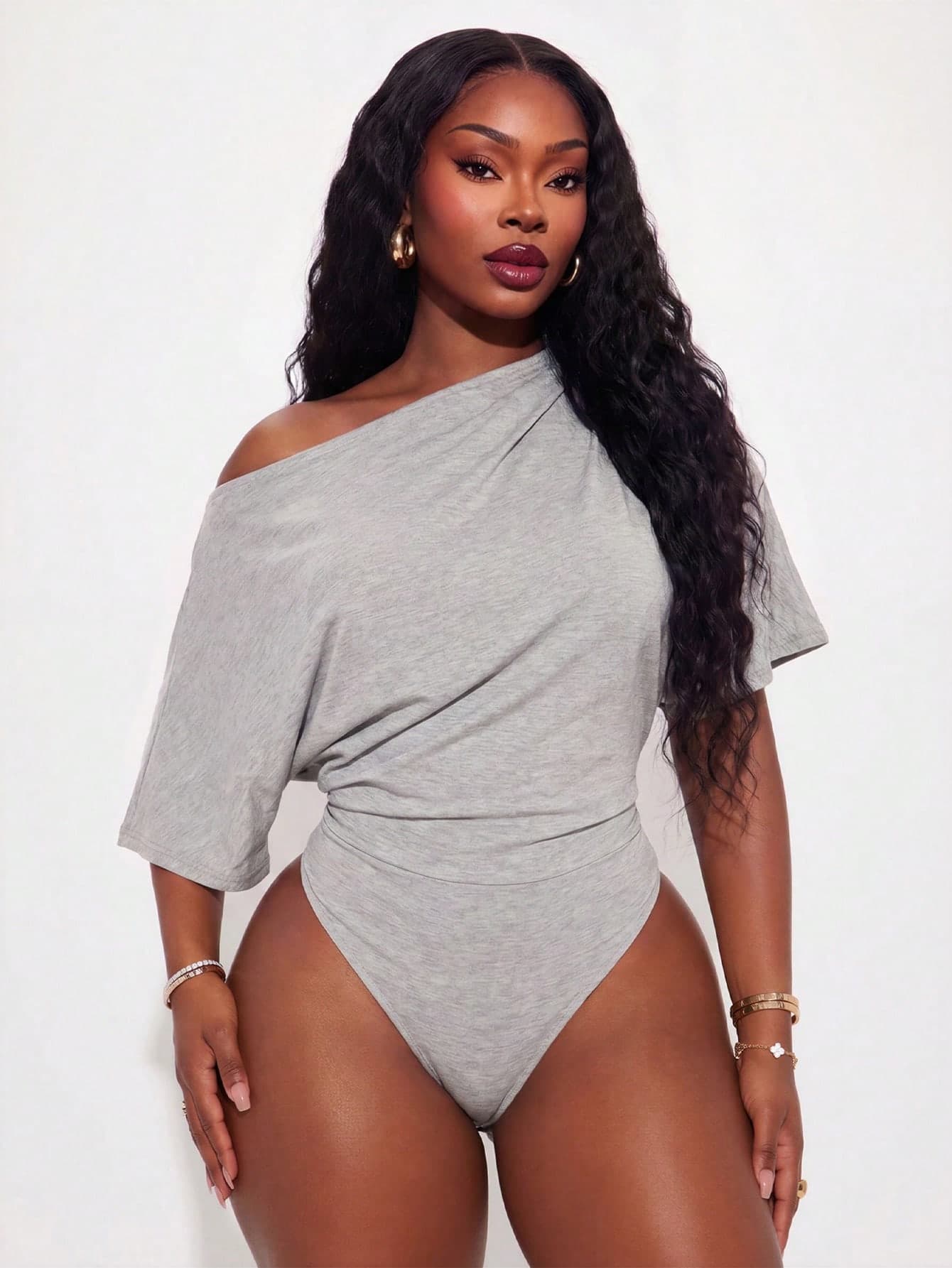 Radiana Plus Size Women's Casual Sexy Off-Shoulder Asymmetric Bodysuit, Suitable For Leisure, Daily Wear, Versatile, Street Style, Spring/Summer