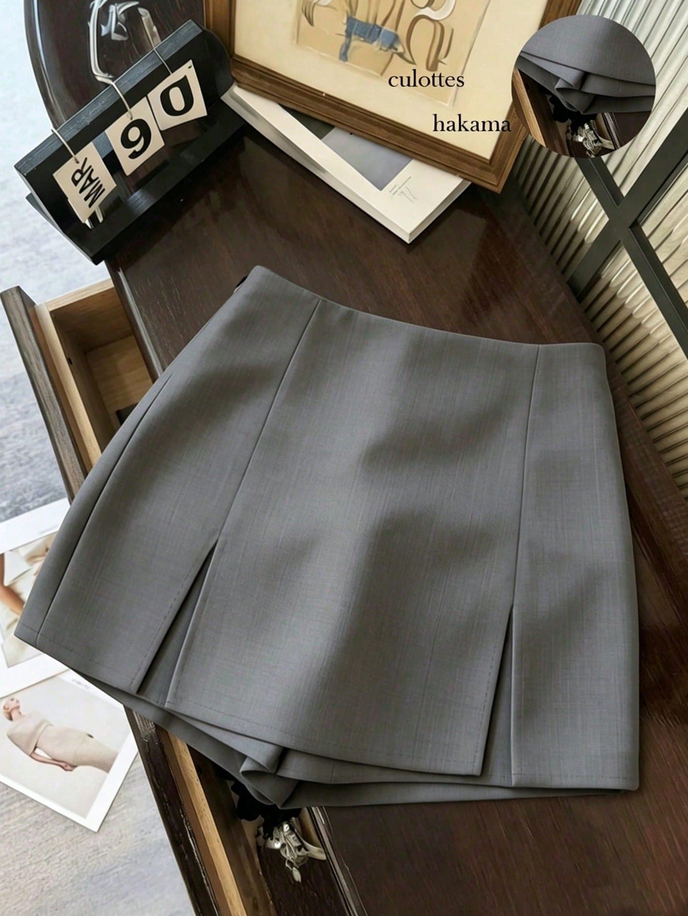 Franclia Women's Grey Summer Casual Office Skorts,High Waist A-Line Suit Fabric Double Layer Split Hem Slim Skirt Shorts,Urban Professional Wear
