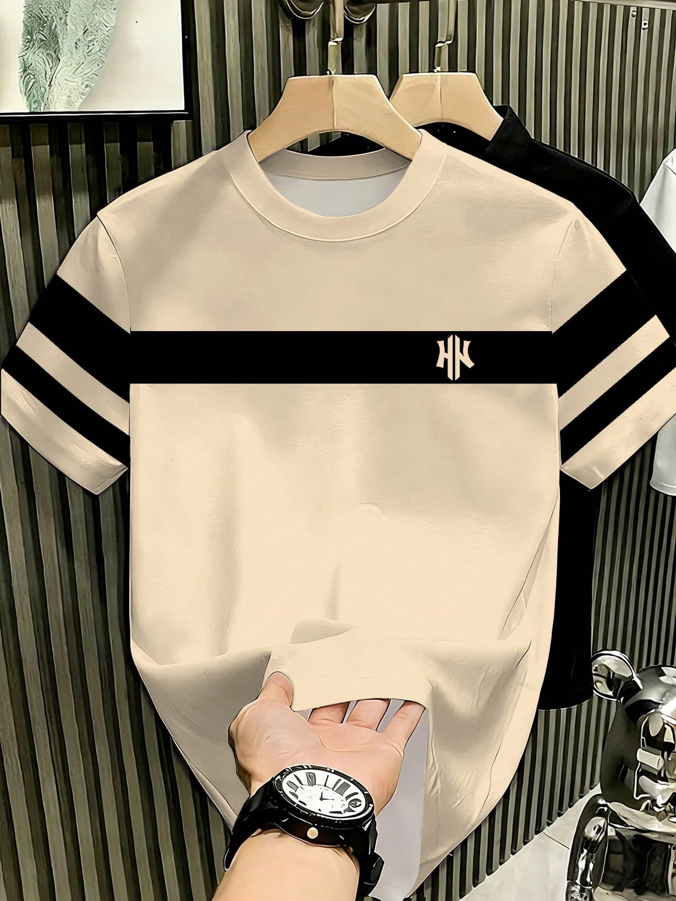 Manfinity Hypemode Men's Contrast Color Round Neck Short Sleeve Casual T-Shirt, Versatile For Summer, Holiday